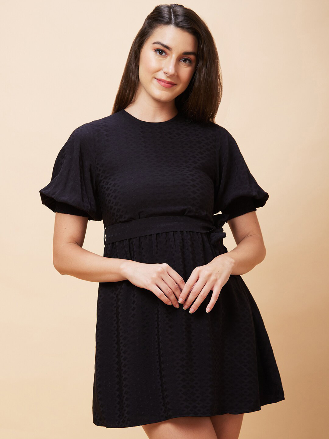 Globus Black Self Designed Belt Detailed Puff Sleeve Fit & Flare Dress