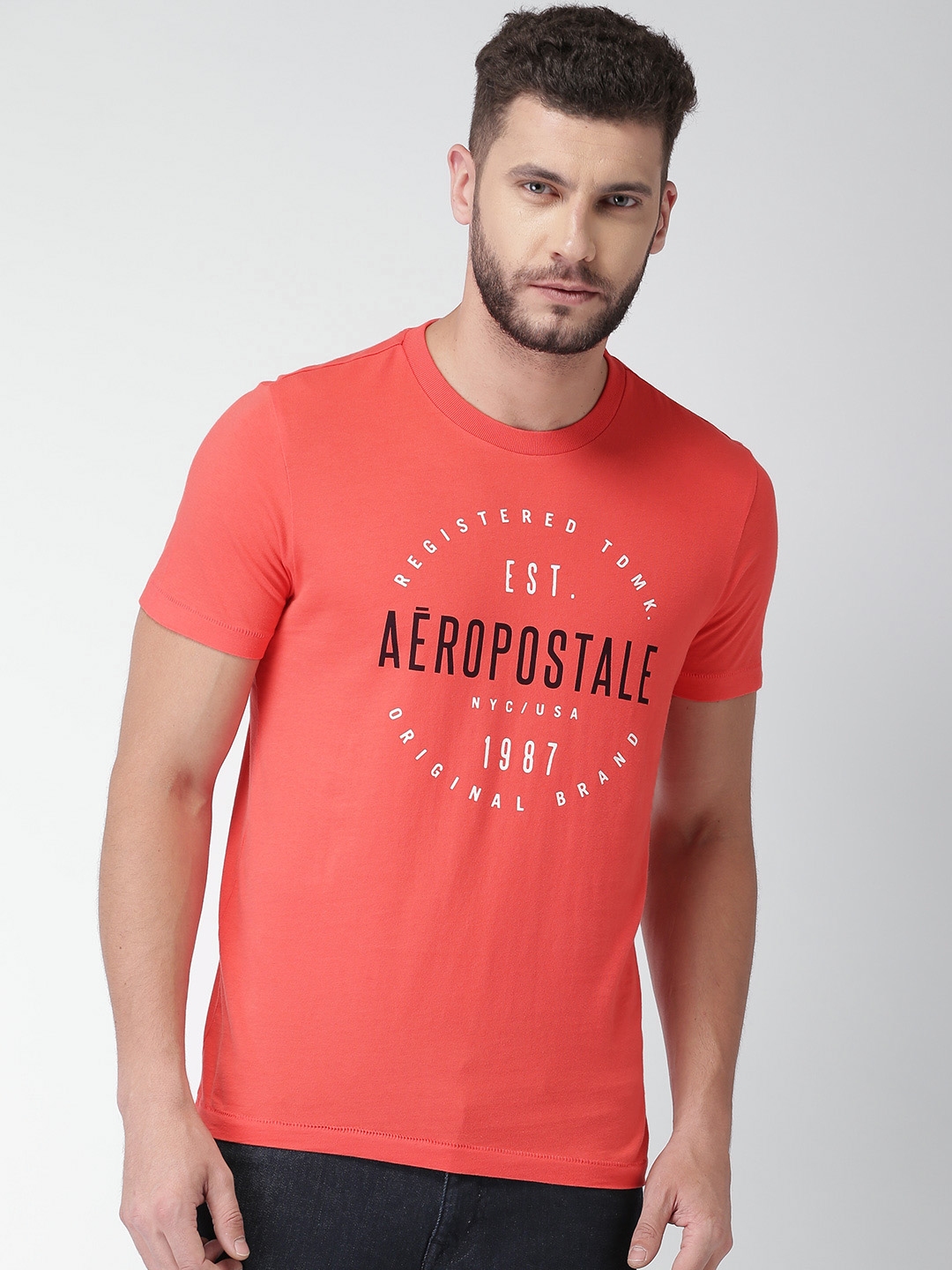 Buy Aeropostale Men Coral Red Crew Neck Brand Print T-Shirt