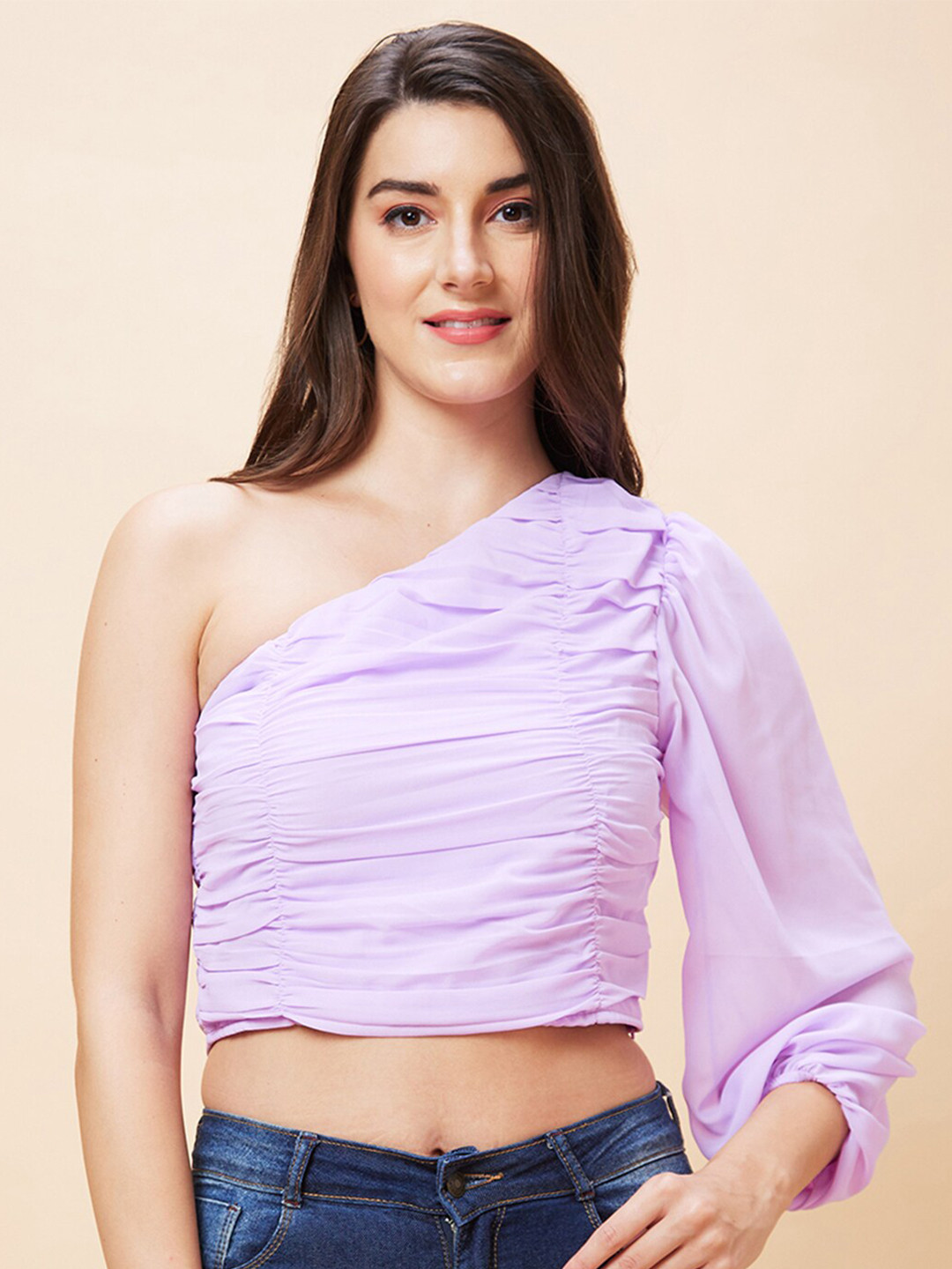 Globus Lavender Gathered Detailed One shoulder Puff Sleeves Crop Top