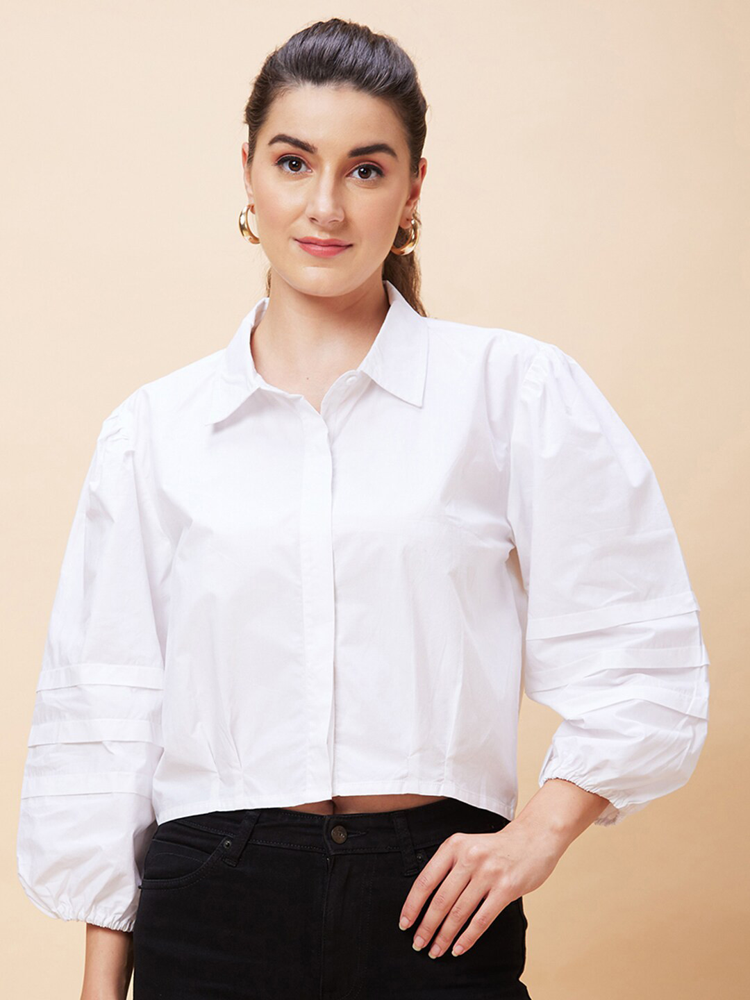 Globus White Puff Sleeve Pure Cotton Shirt Style Crop Top