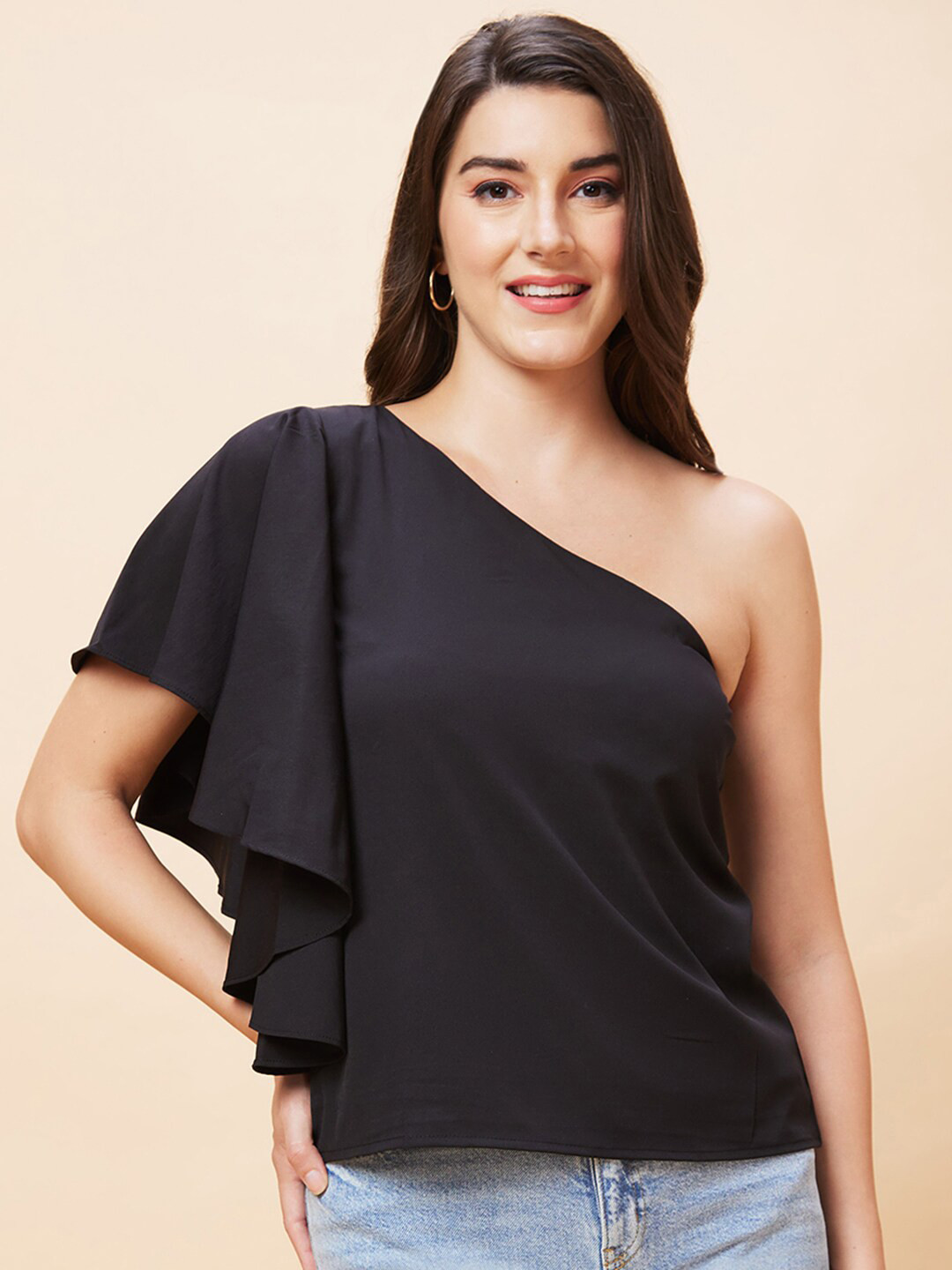Globus Black One Shoulder Flared Sleeves Top
