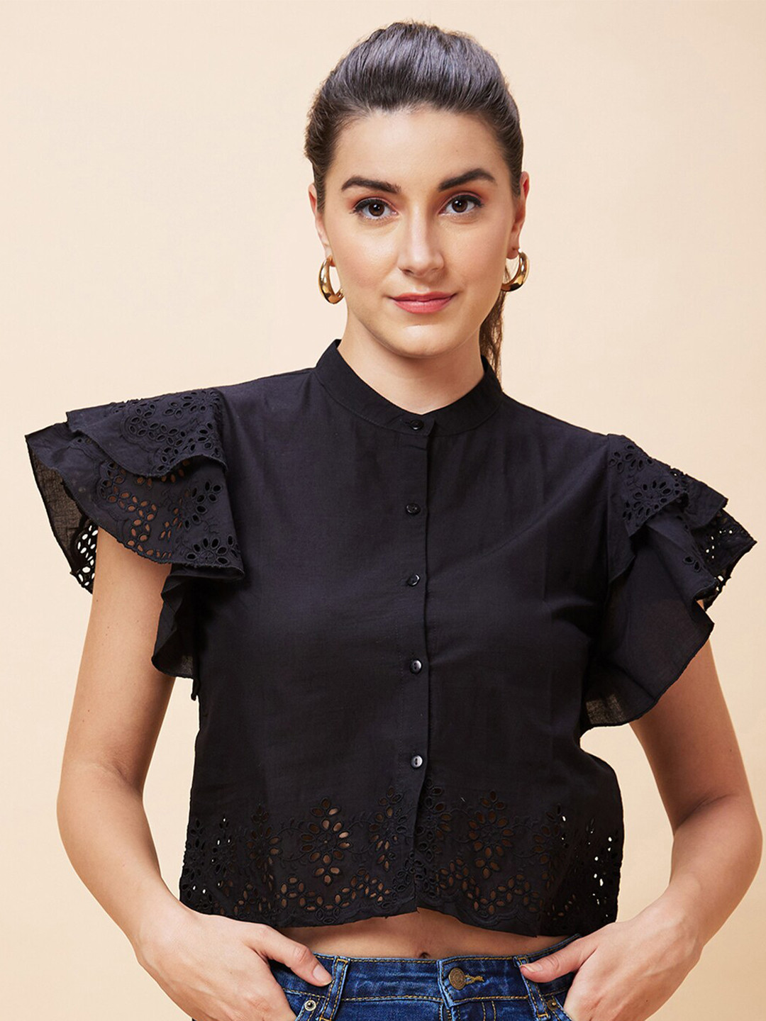 Globus Black Flutter Sleeve Pure Cotton Schiffli Crop Top
