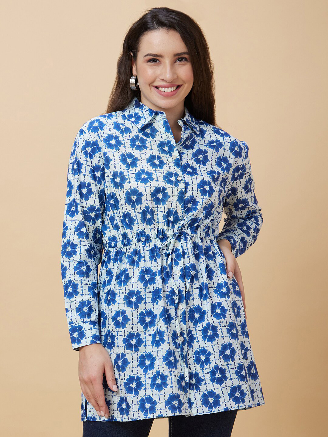 Globus Floral Printed Shirt Collar Tie Up Pure Cotton Tunic