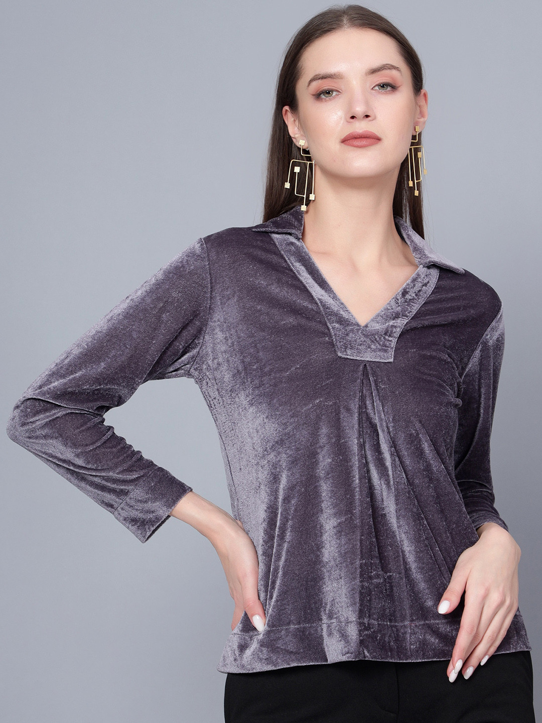 Golden Kite Gathered Shirt Collar Velvet Regular Top