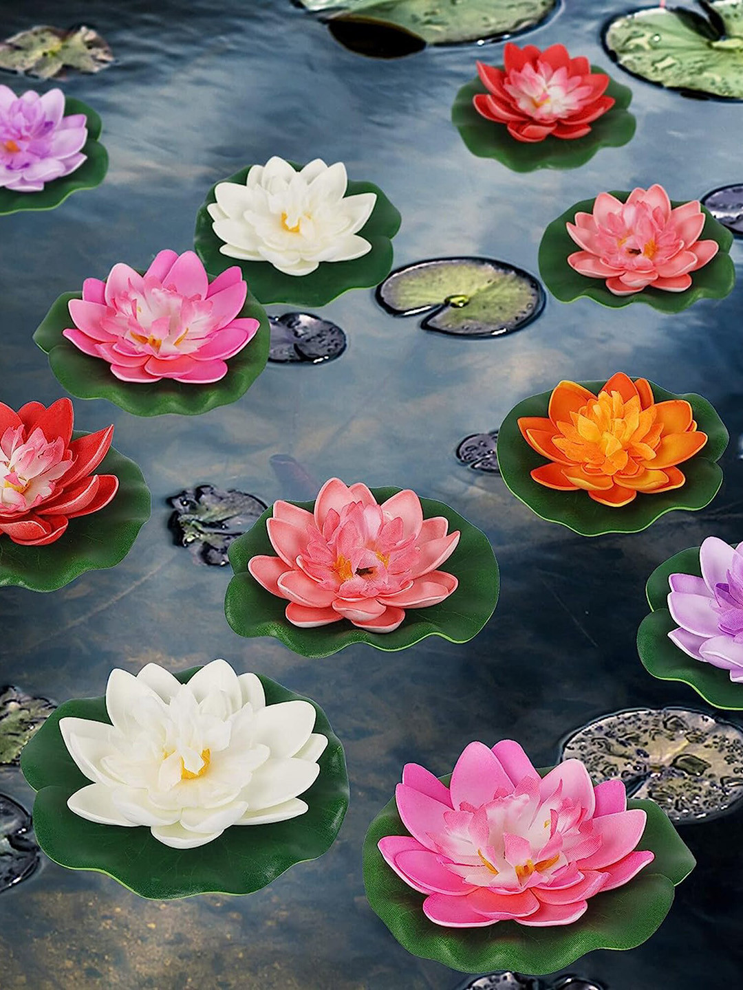 Homesake Orange Coloured & Blue 6 Pieces Lotus Artificial Flower With Water Lily Pad