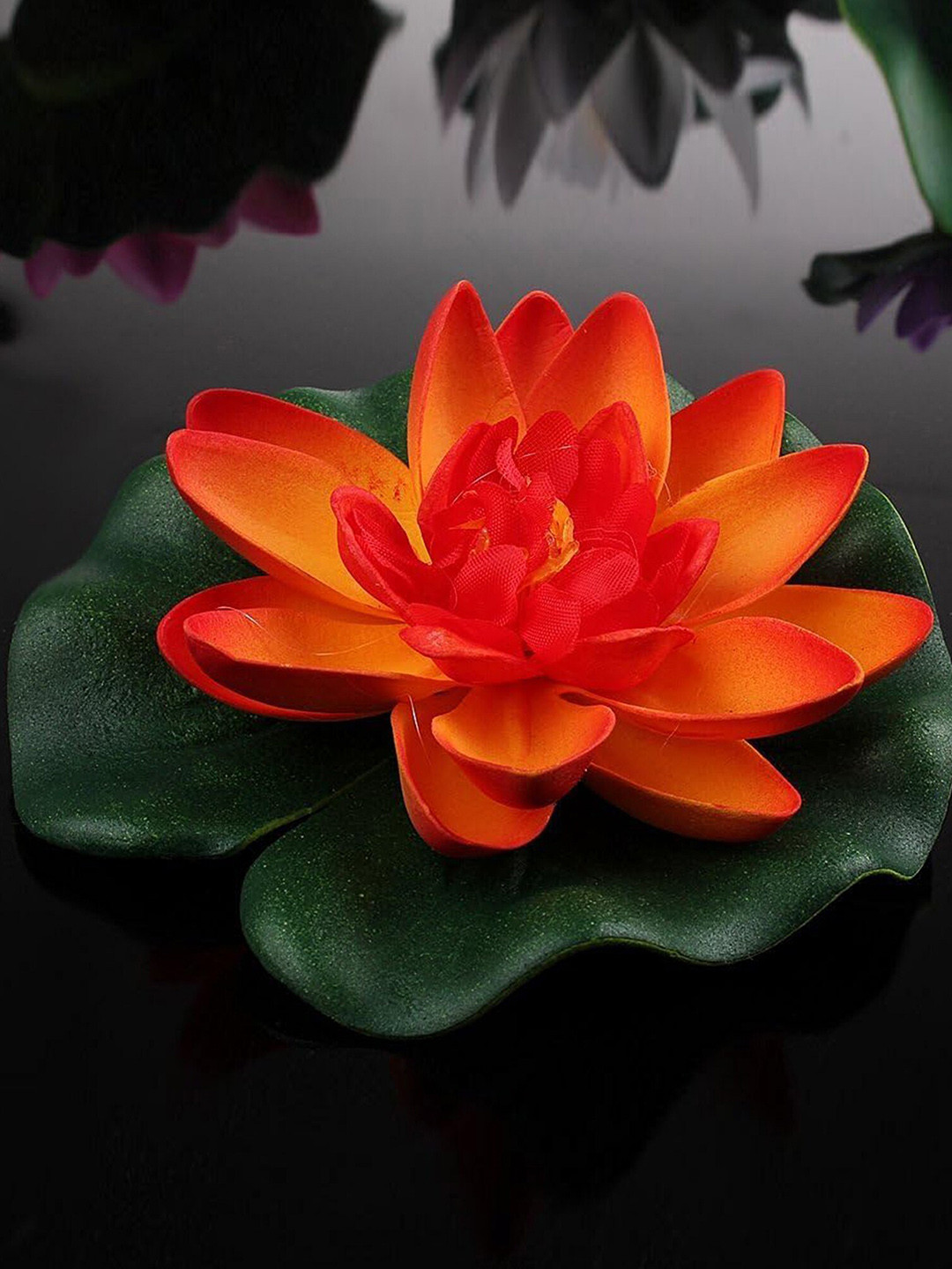 Homesake Orange Coloured & Green 6 Pieces Lotus Artificial Flower With Water Lily Pad