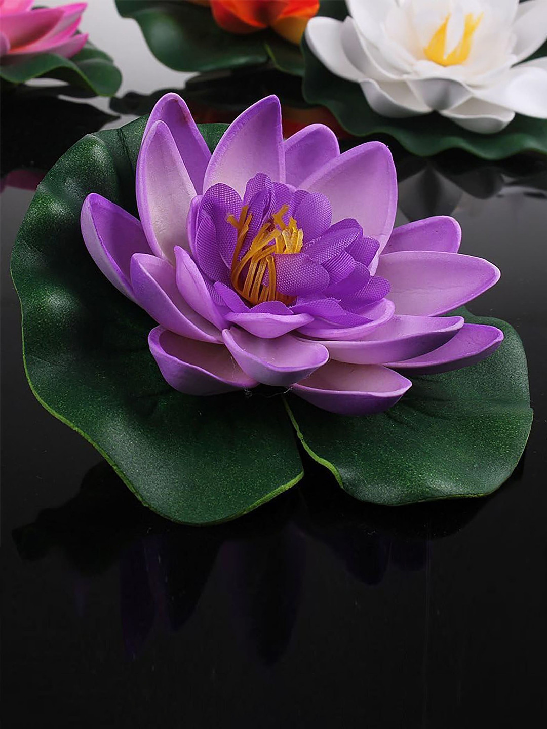 Homesake Purple & Green 6 Pieces Lotus Artificial Flower With Water Lily Pad