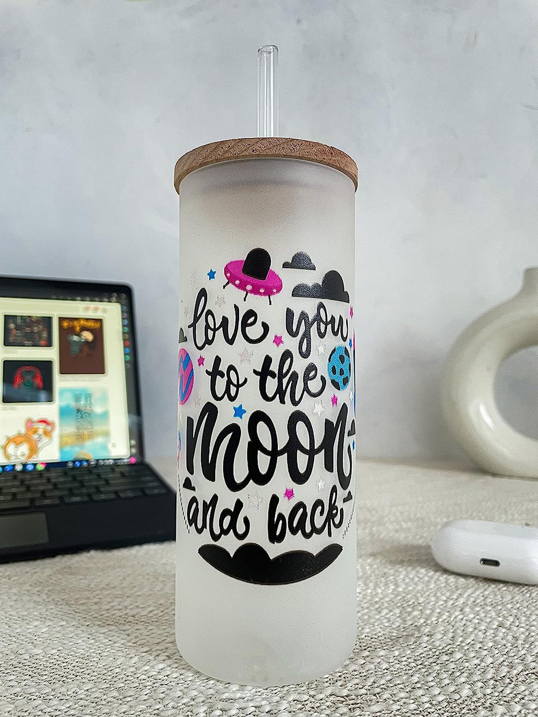 1219 Avenue Transparent Frosted Printed Water Glass With Straw & Lid-650 ml