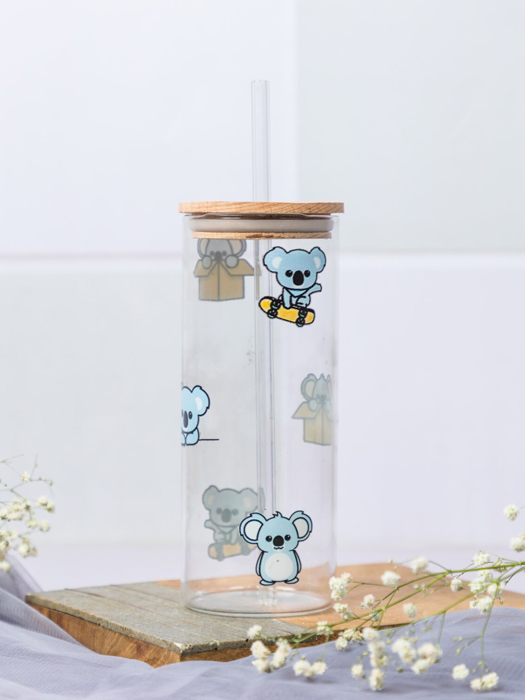 1219 Avenue Transparent Printed Water Glass With Straw & Lid - 650 ML