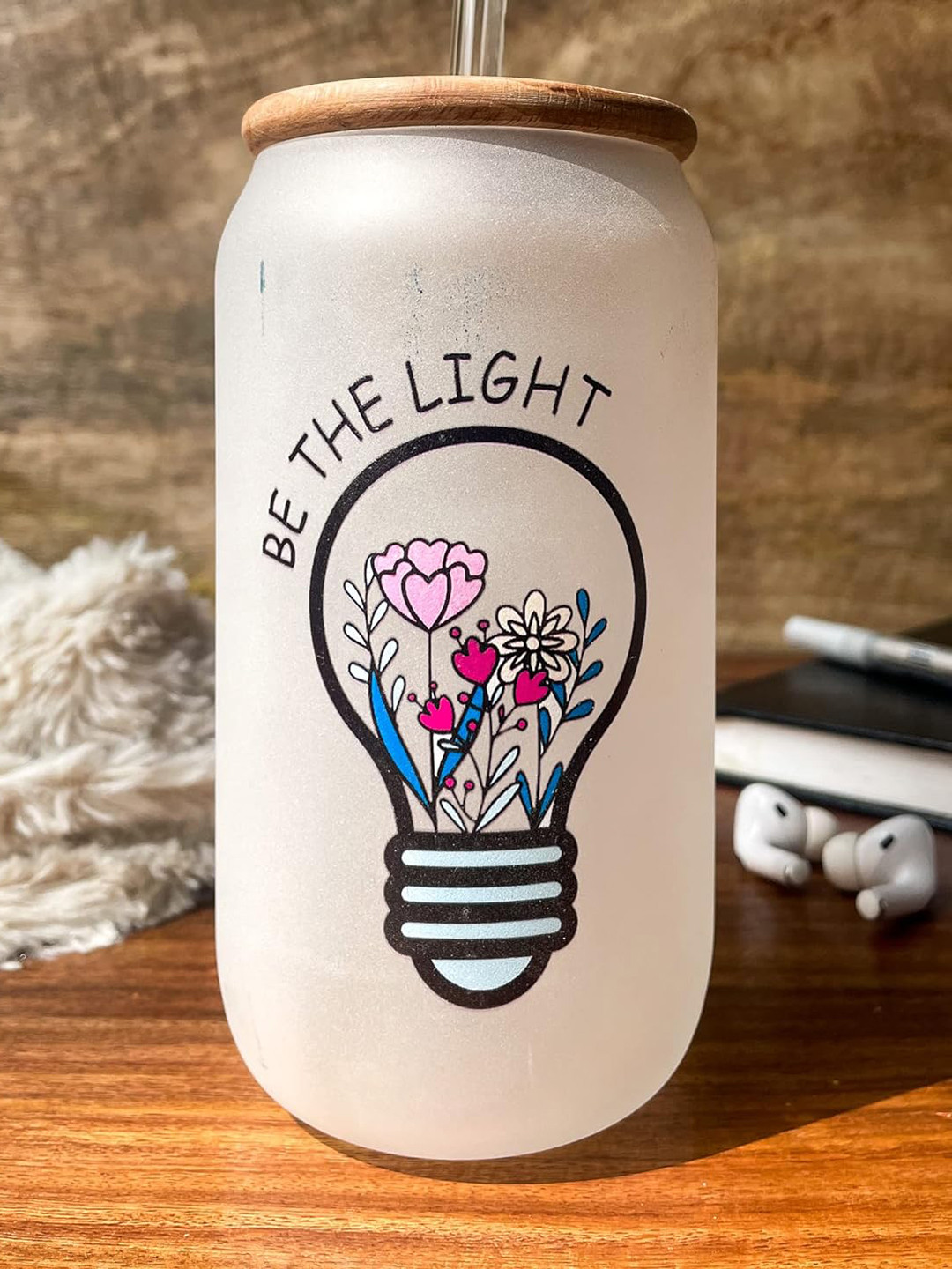 1219 Avenue White Printed Borosilicate Glass Frosted Can with Lid & Straw -500 ML