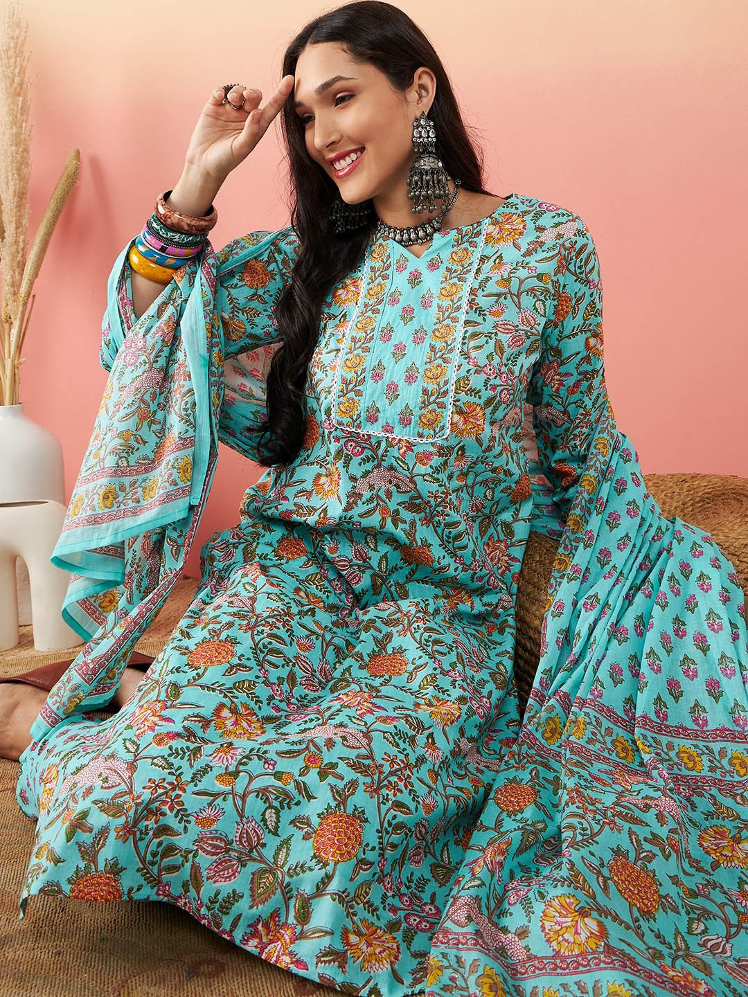 Sangria Floral Printed Pure Cotton Straight Kurta With Trouser & Dupatta S