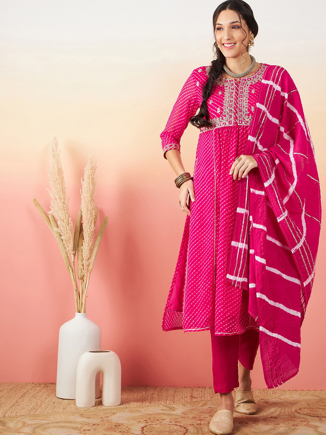 Sangria Pink Leheriya Printed A-Line Kurta With Trouser & Dupatta