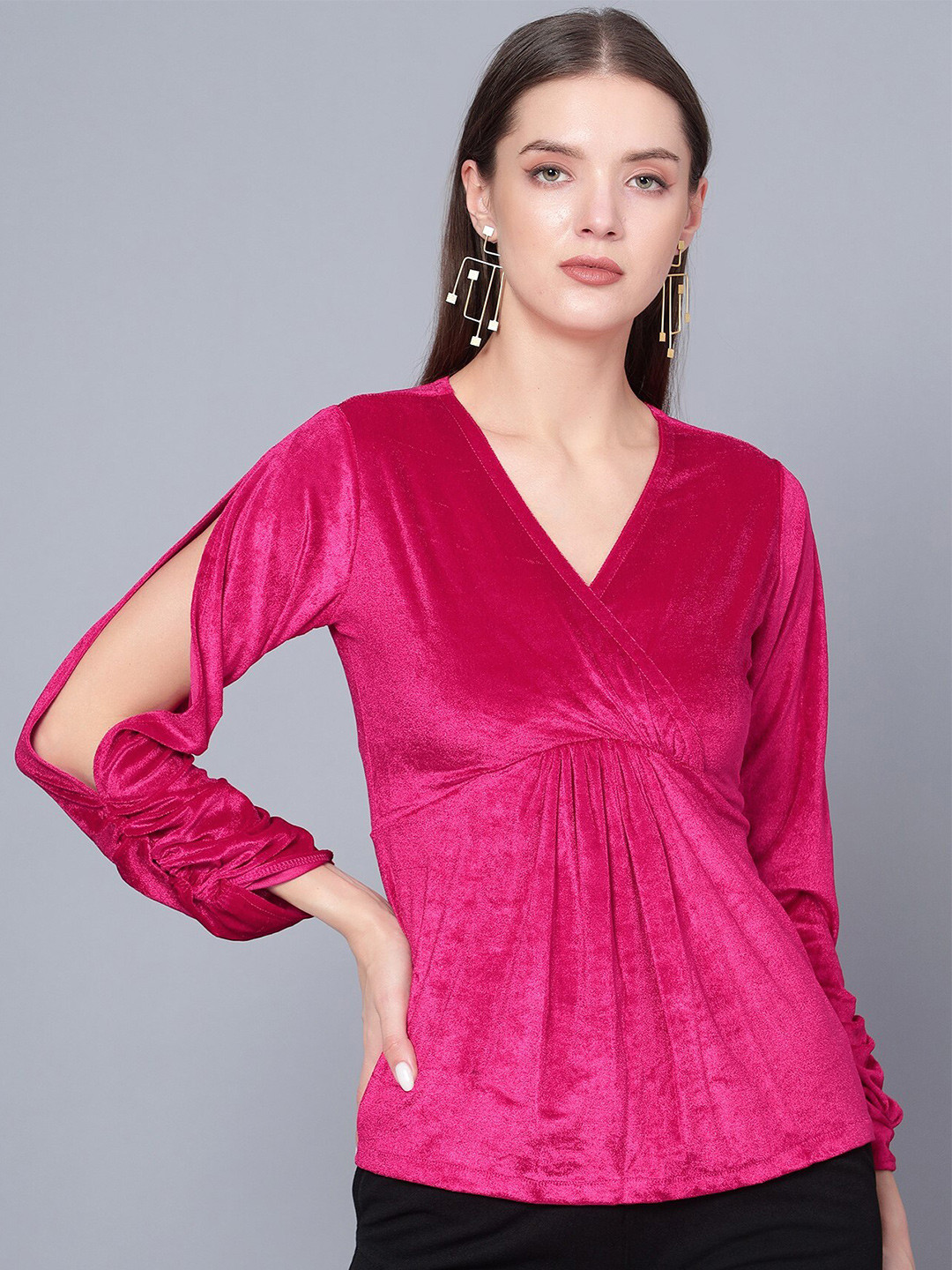 Golden Kite Slit Sleeve V-Neck Velvet Empire Top