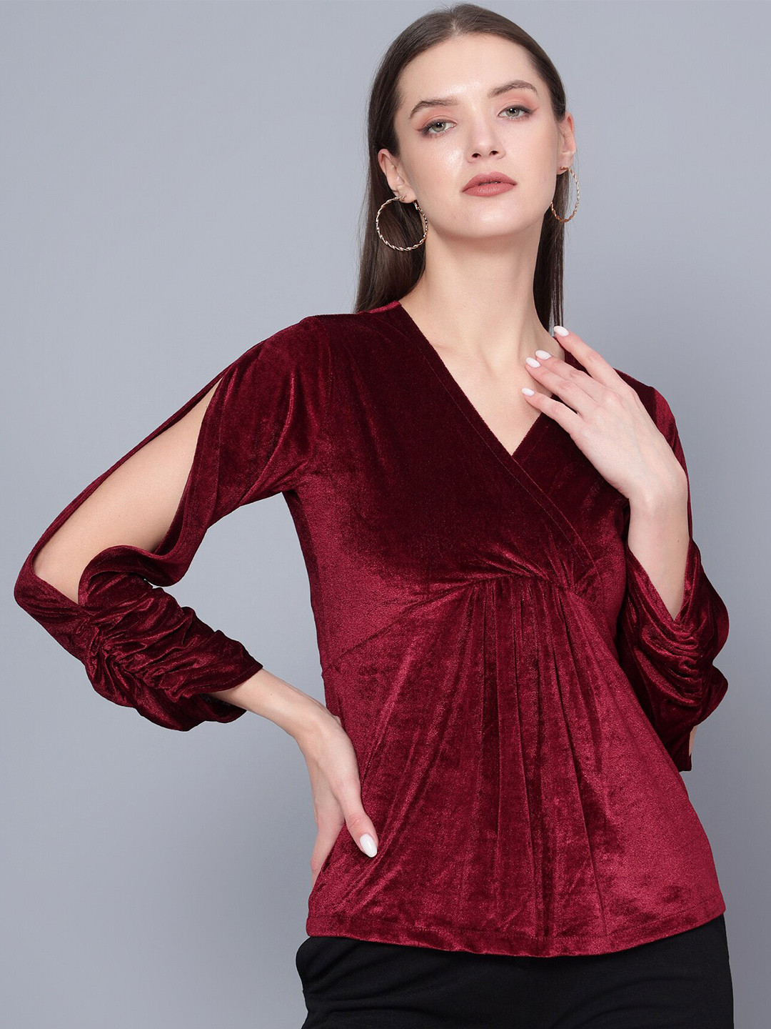 Golden Kite Slit Sleeves Velvet Empire Top