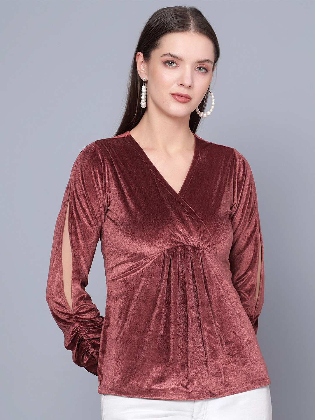 Golden Kite V-Neck Slit Sleeves Velvet Top