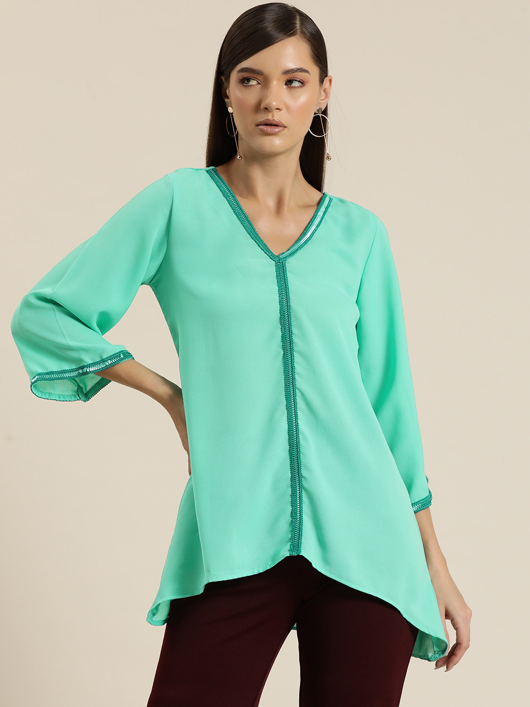 Qurvii Sea Green Puff Sleeve Longline Top