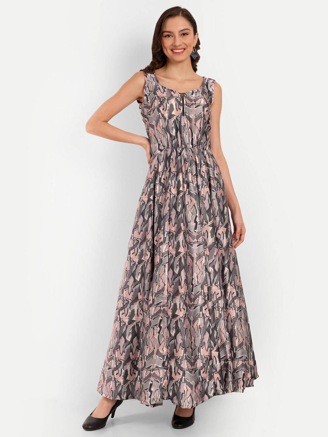 TILISM Abstract Printed Round Neck Gathered Silk Maxi Dress