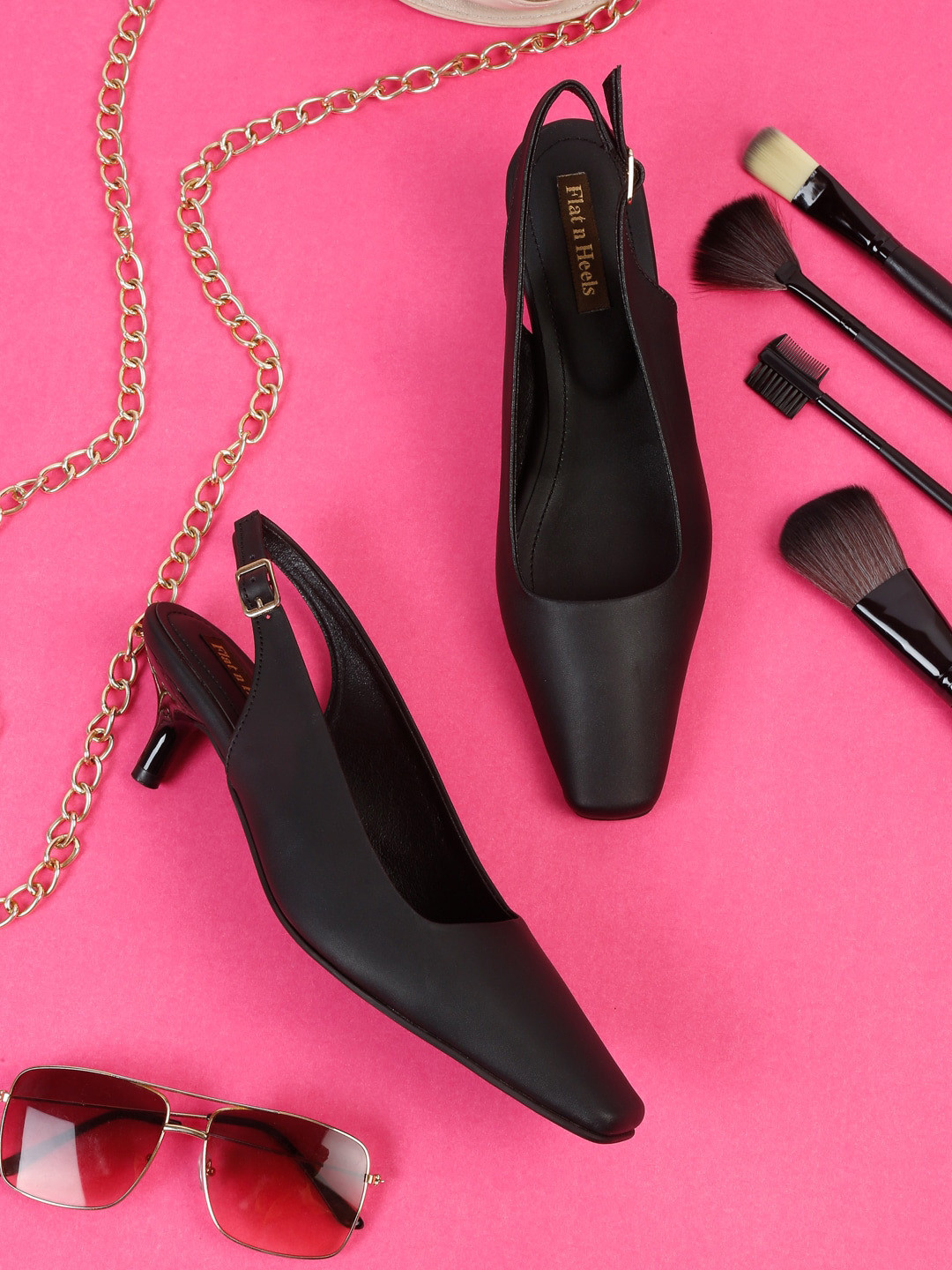 Flat n Heels Square Toe Kitten Heels With Buckles