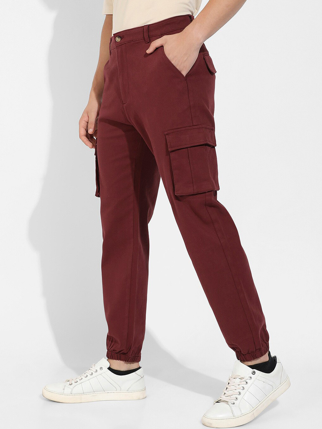 CAHOOT Men Maroon Mid-Rise Relaxed Cotton Regular Fit Cargos