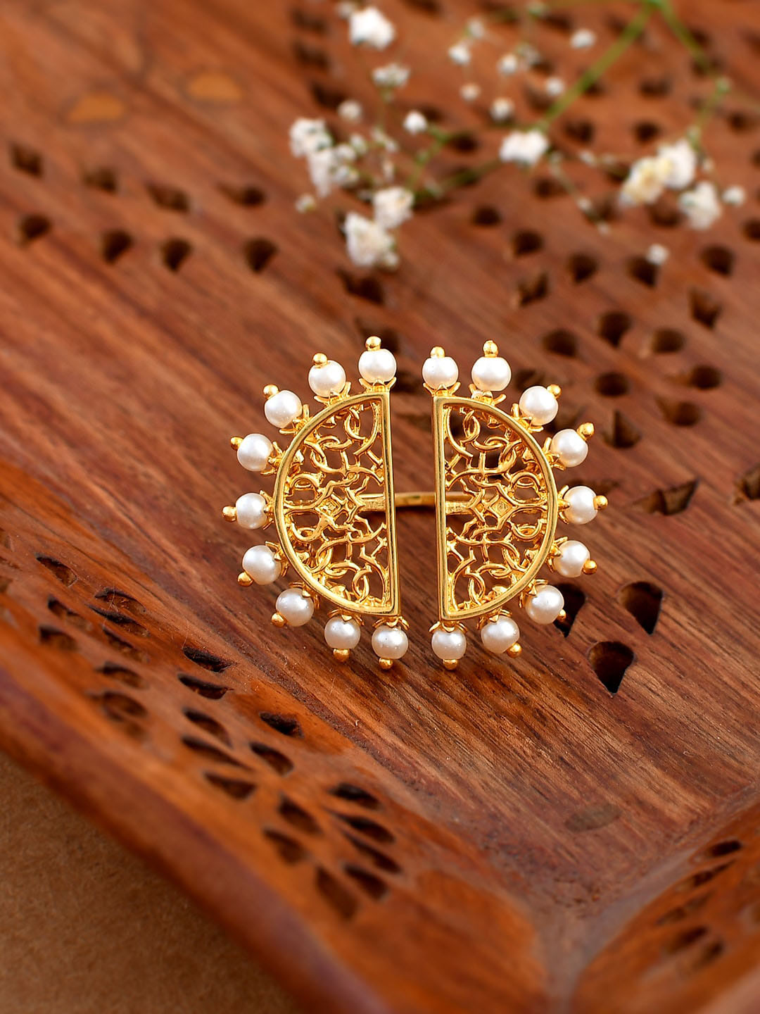 Voylla Gold-Plated Pearl Beaded Nazakat Afreen Statement Open Finger Ring
