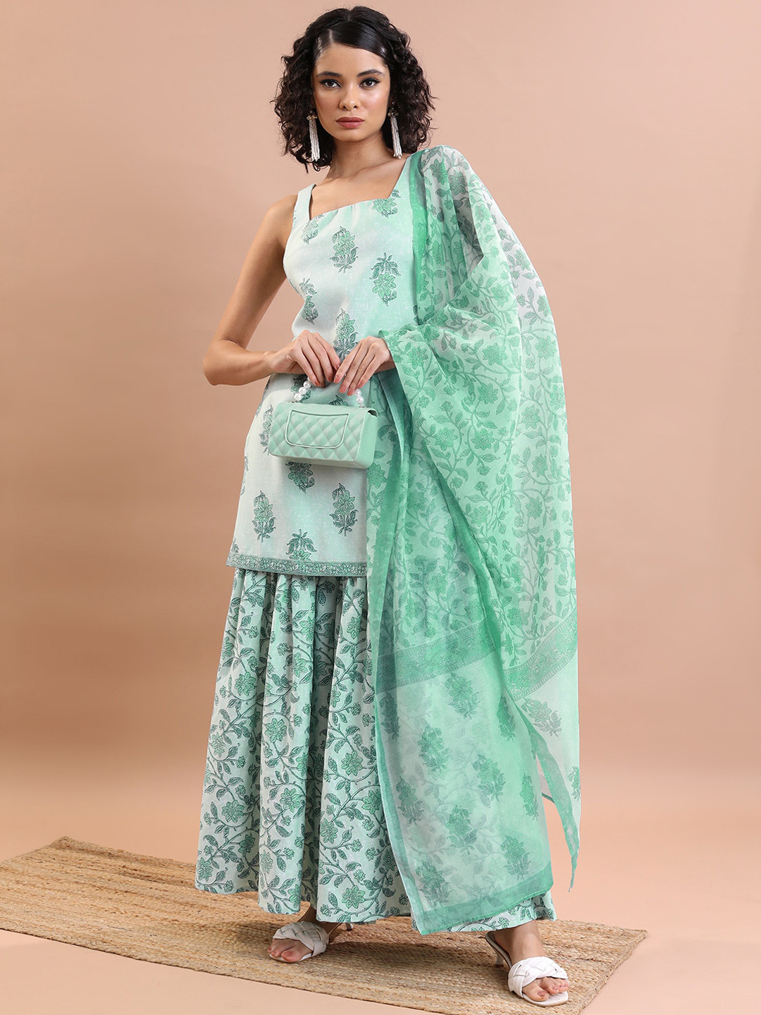Vishudh Floral Printed Square Neck Straight Kurta & Sharara With Dupatta