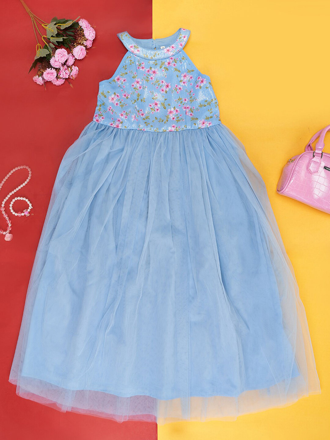 Pantaloons Junior Girls Floral Printed Halter Neck Fit & Flare Dress