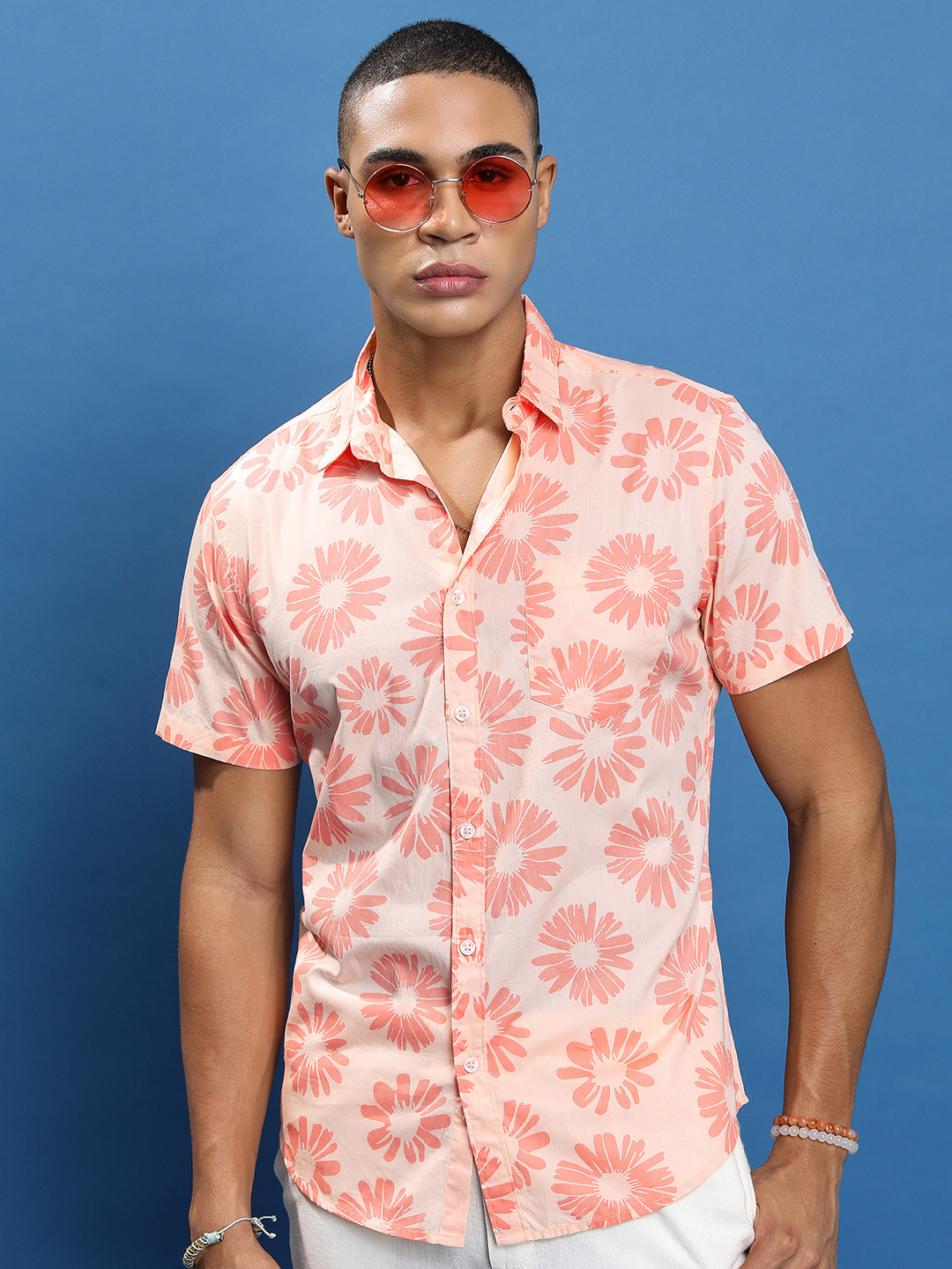 HIGHLANDER Blue Slim Fit Floral Printed Cotton Casual Shirt