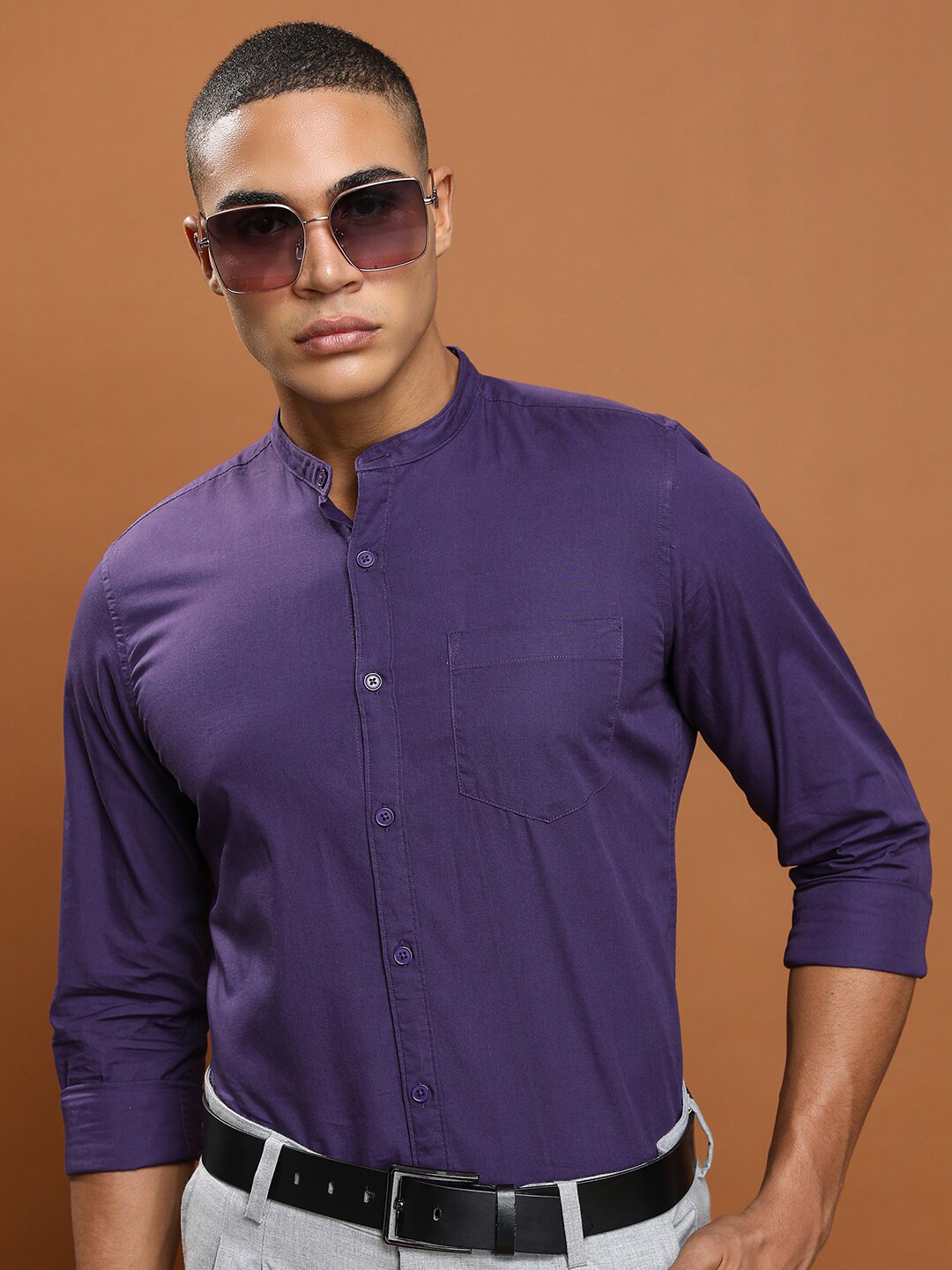 HIGHLANDER Purple Slim Fit Band Collar Cotton Casual Shirt