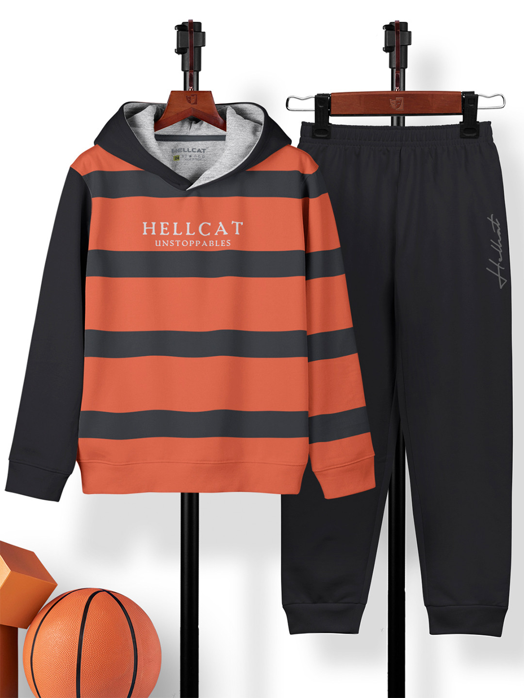 HELLCAT Girls Hooded Striped T-shirt With Joggers Clothing Set