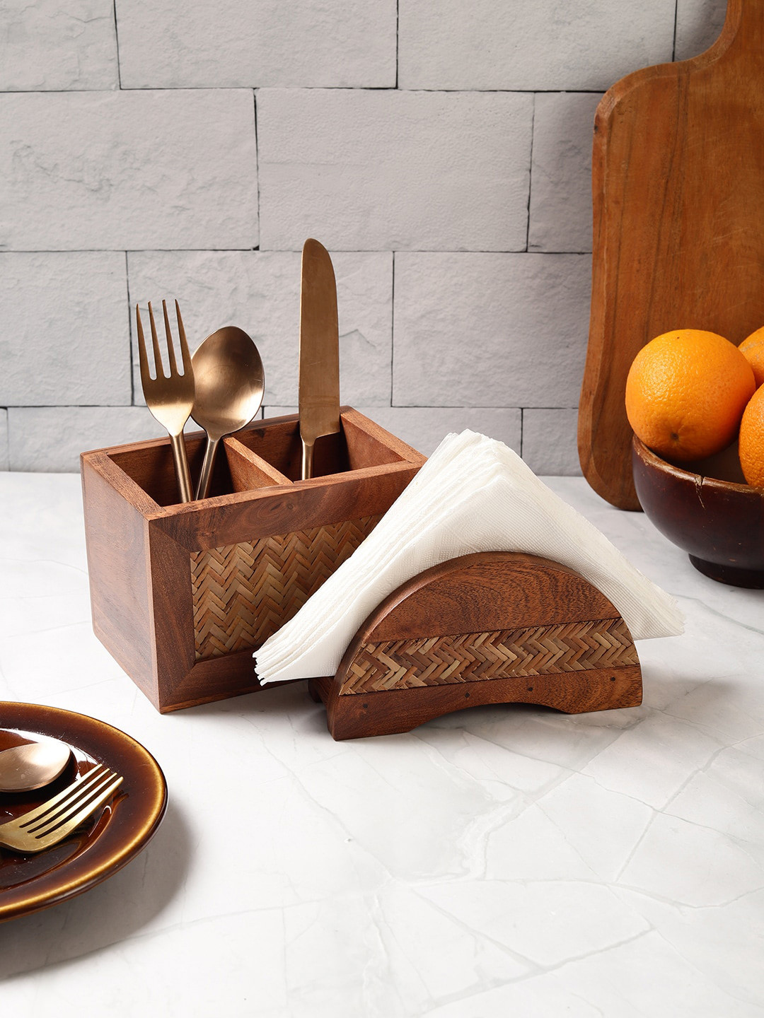 VarEesha Acacia 2-Pcs Brown Wooden Cutlery & Tissue Holder Set