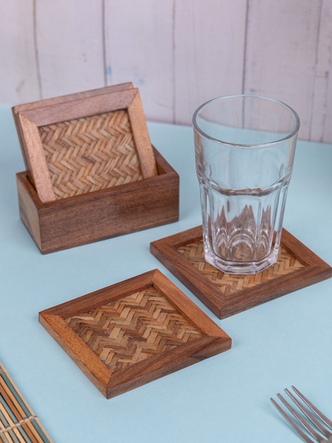 VarEesha Brown 4 Pieces Wooden Square Handcrafted Chatai Coasters With Holder Set