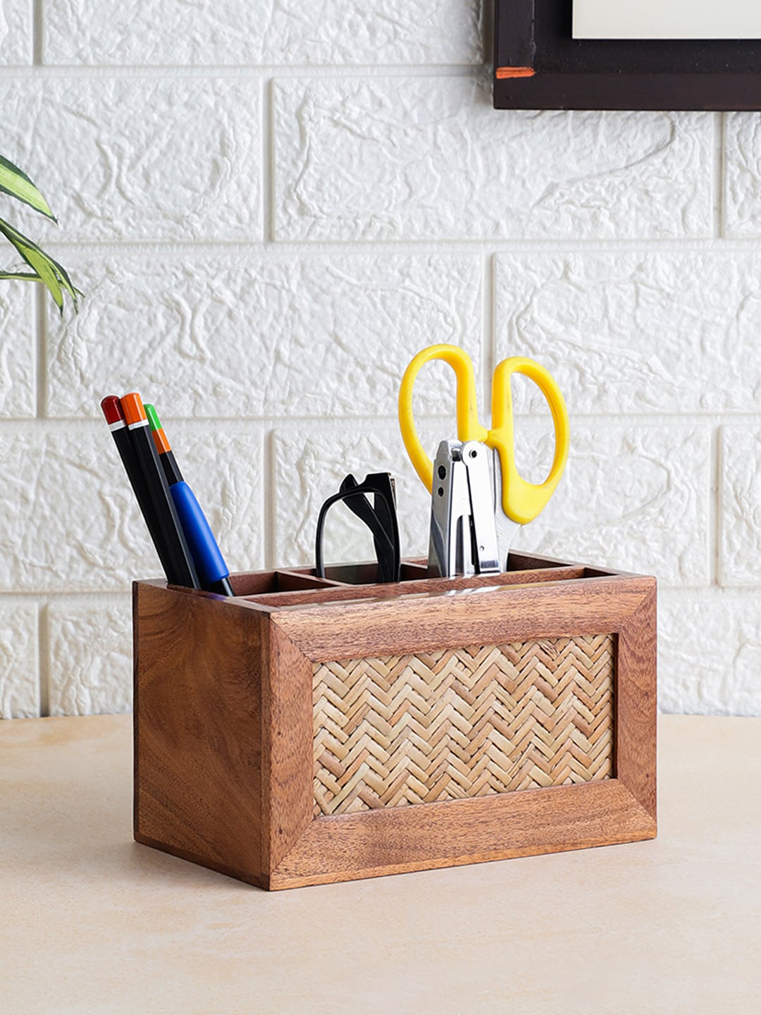 VarEesha Brown Rectangular Acacia Wood Desk Organiser