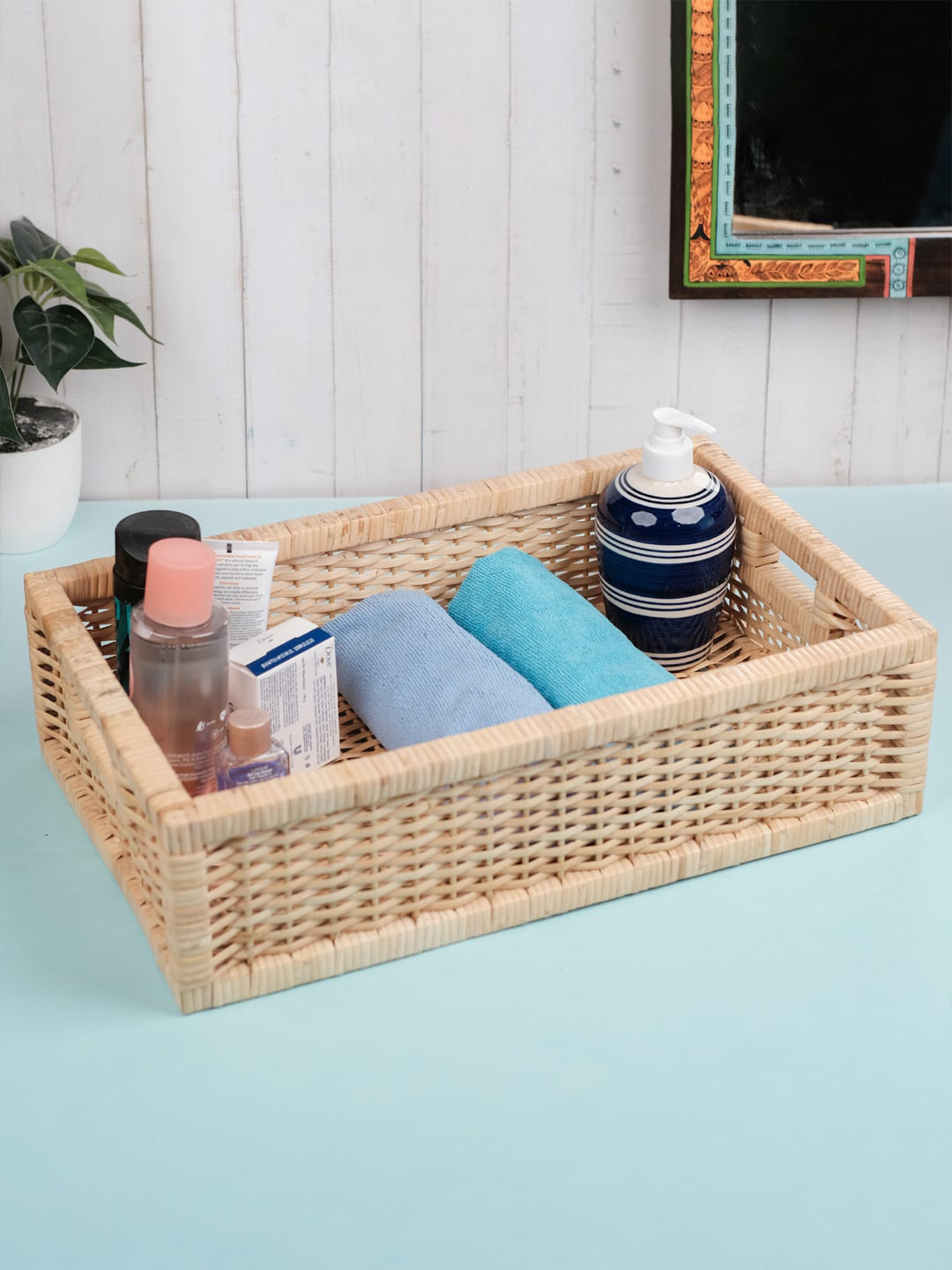 VarEesha Beige Rectangular Rattan Wicker Basket Bathroom Organiser