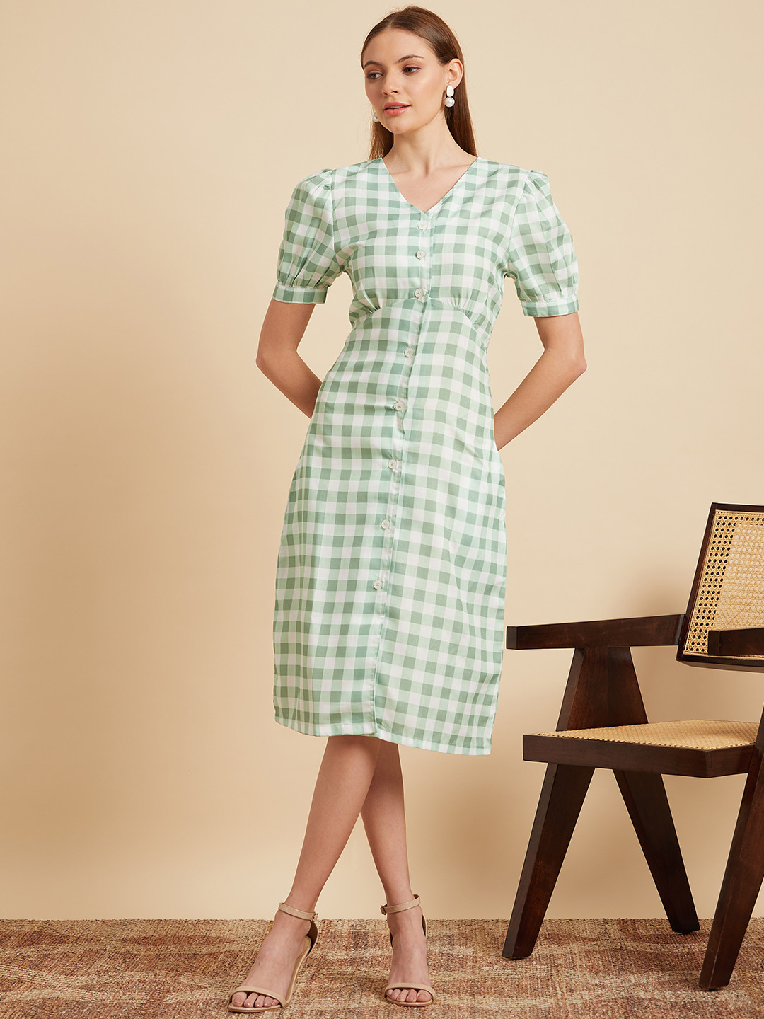 MINT STREET Checked Puffed Sleeves A-Line Dress