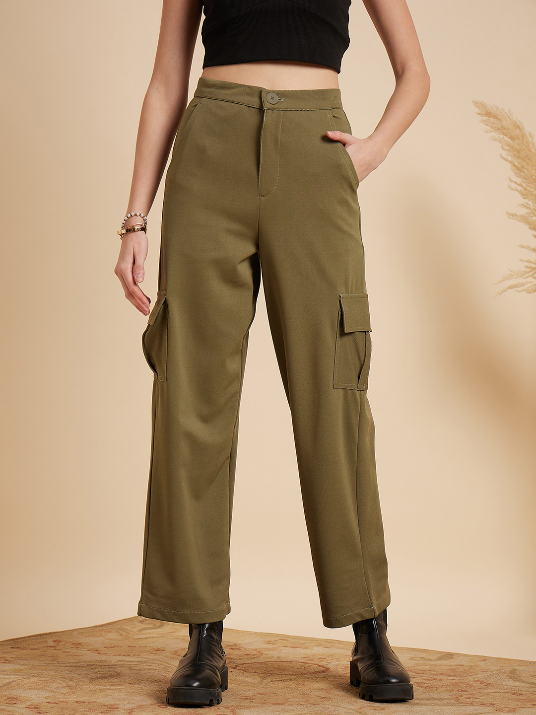 MINT STREET Women Olive Green Tailored Straight Fit Chinos