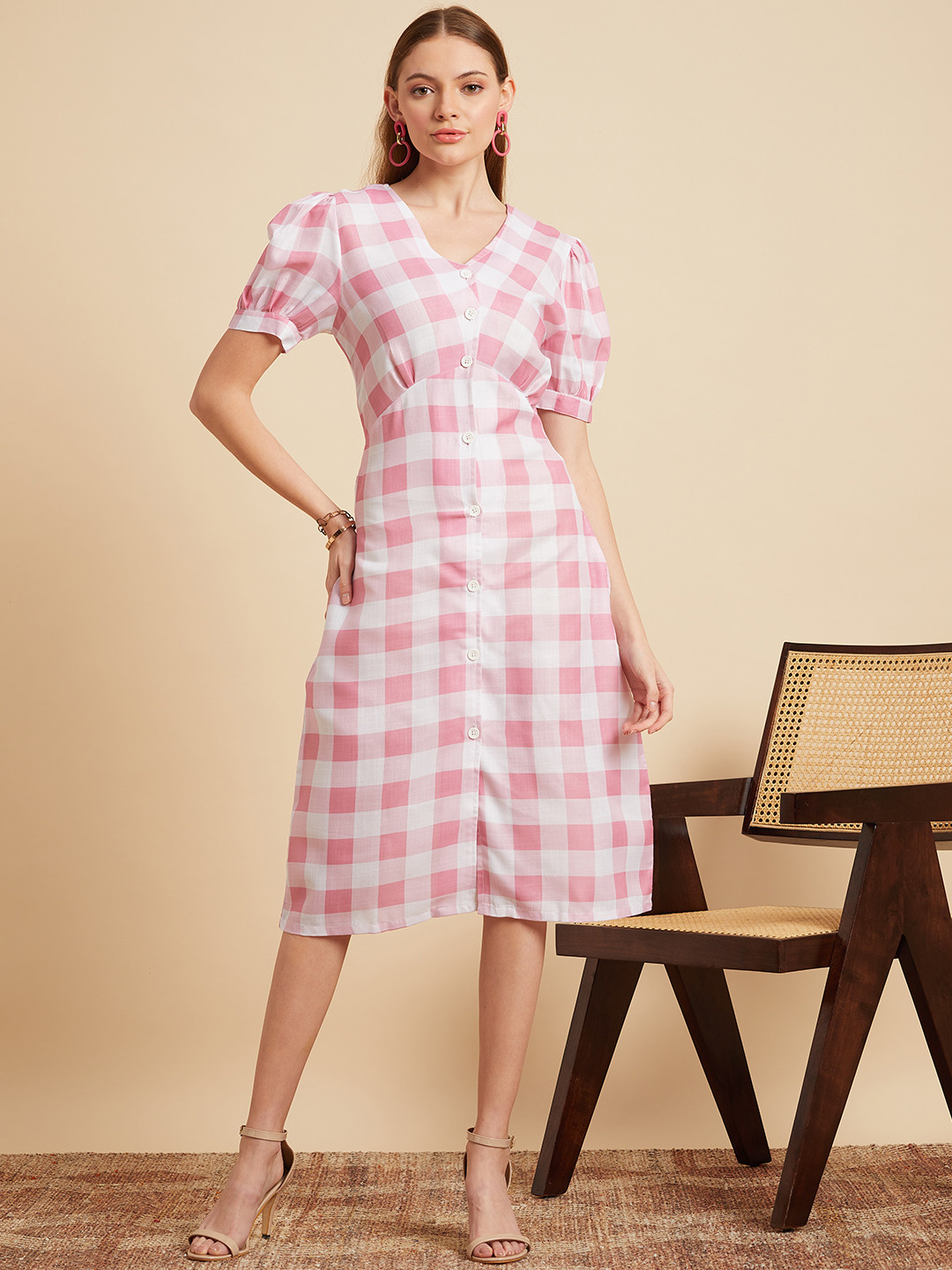 MINT STREET Checked Puff Sleeve A Line Dress
