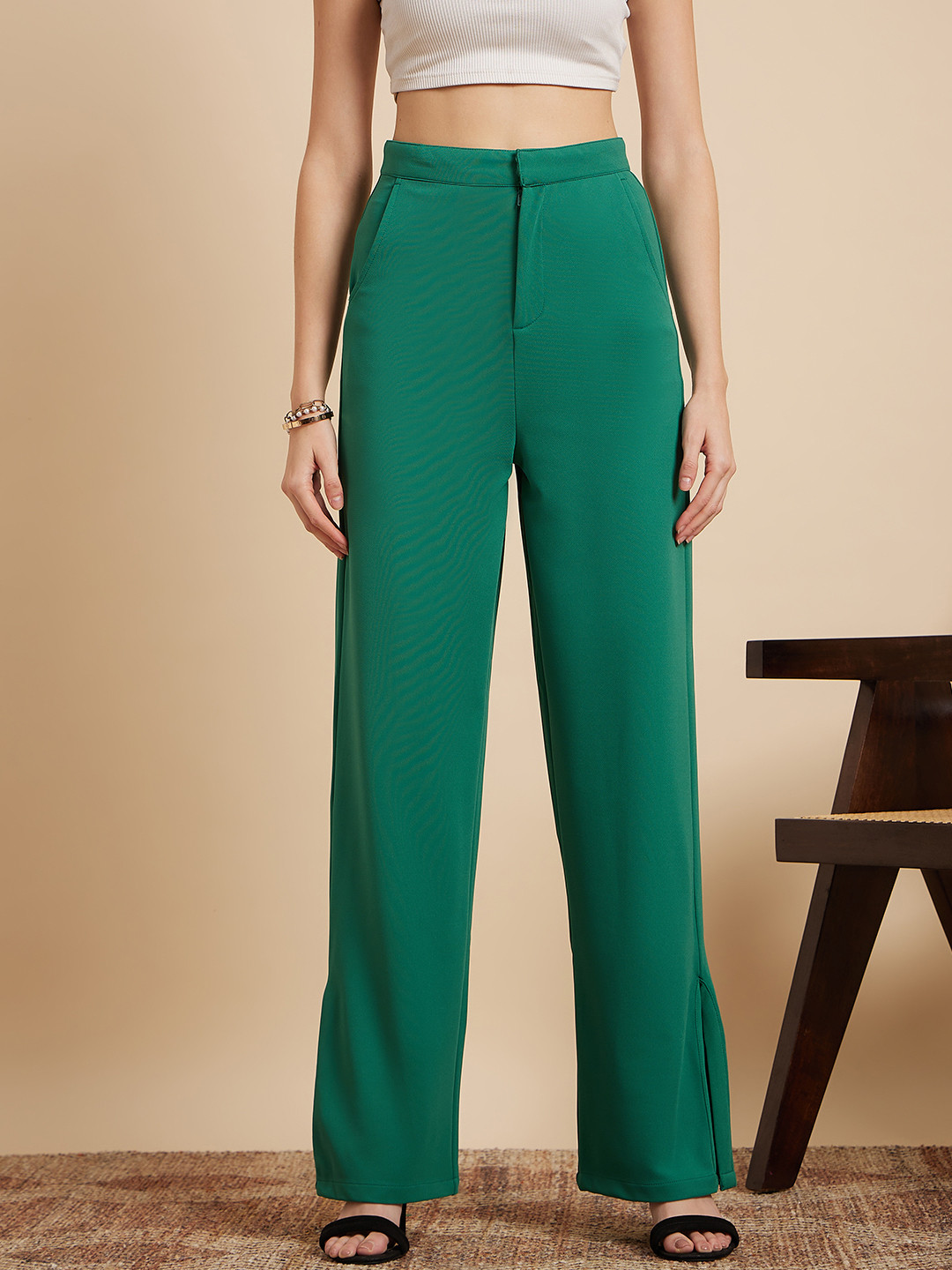 MINT STREET Women Green Tailored Straight Fit Parallel Trousers