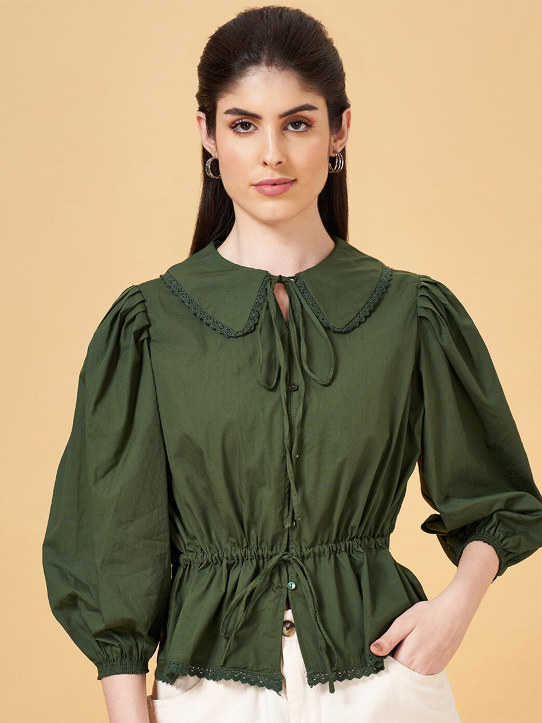 Honey by Pantaloons Peter Pan Collar Puff Sleeve Cotton Cinched Waist Top