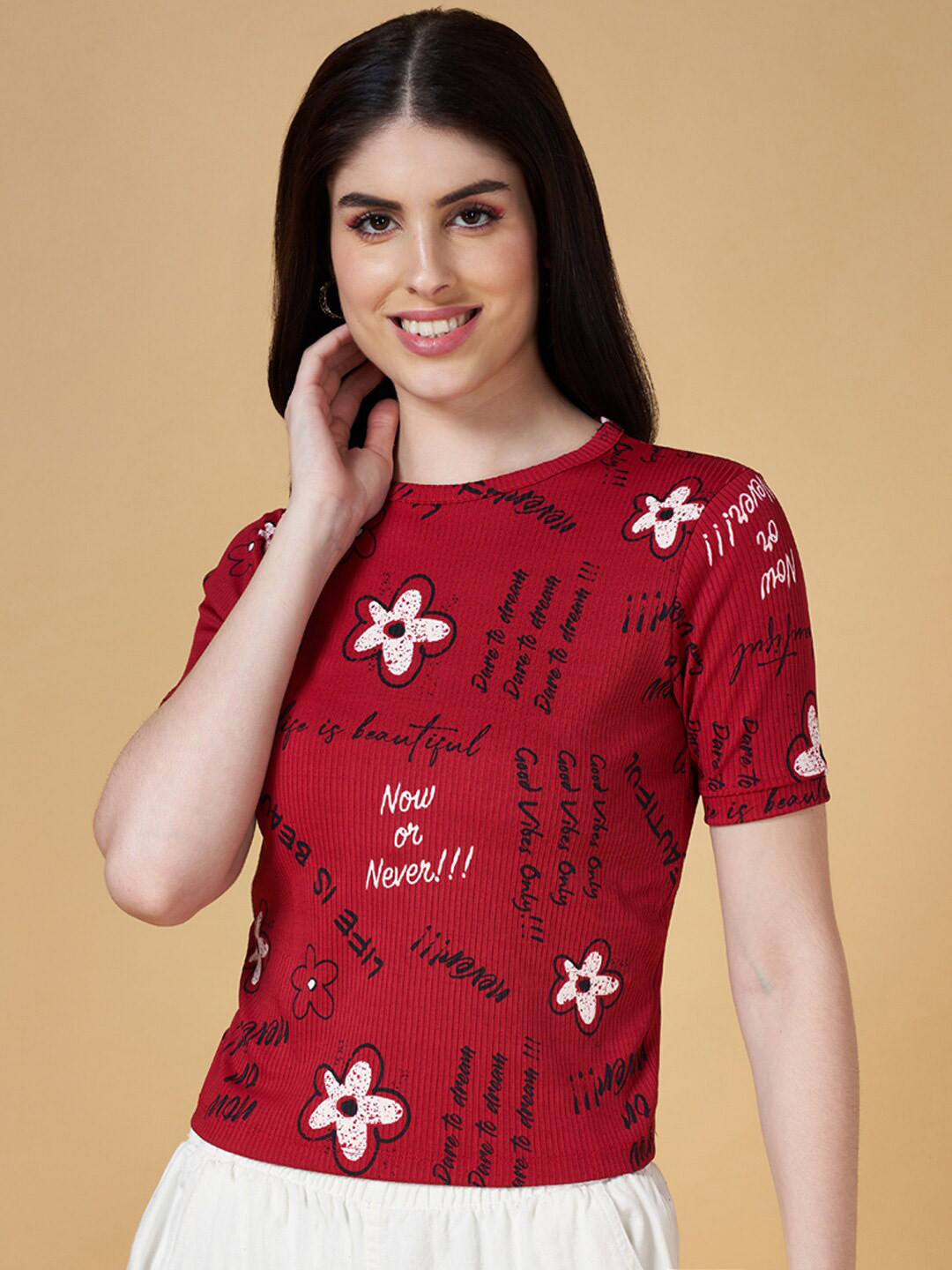 People Ribbed Floral Printed Fitted Top