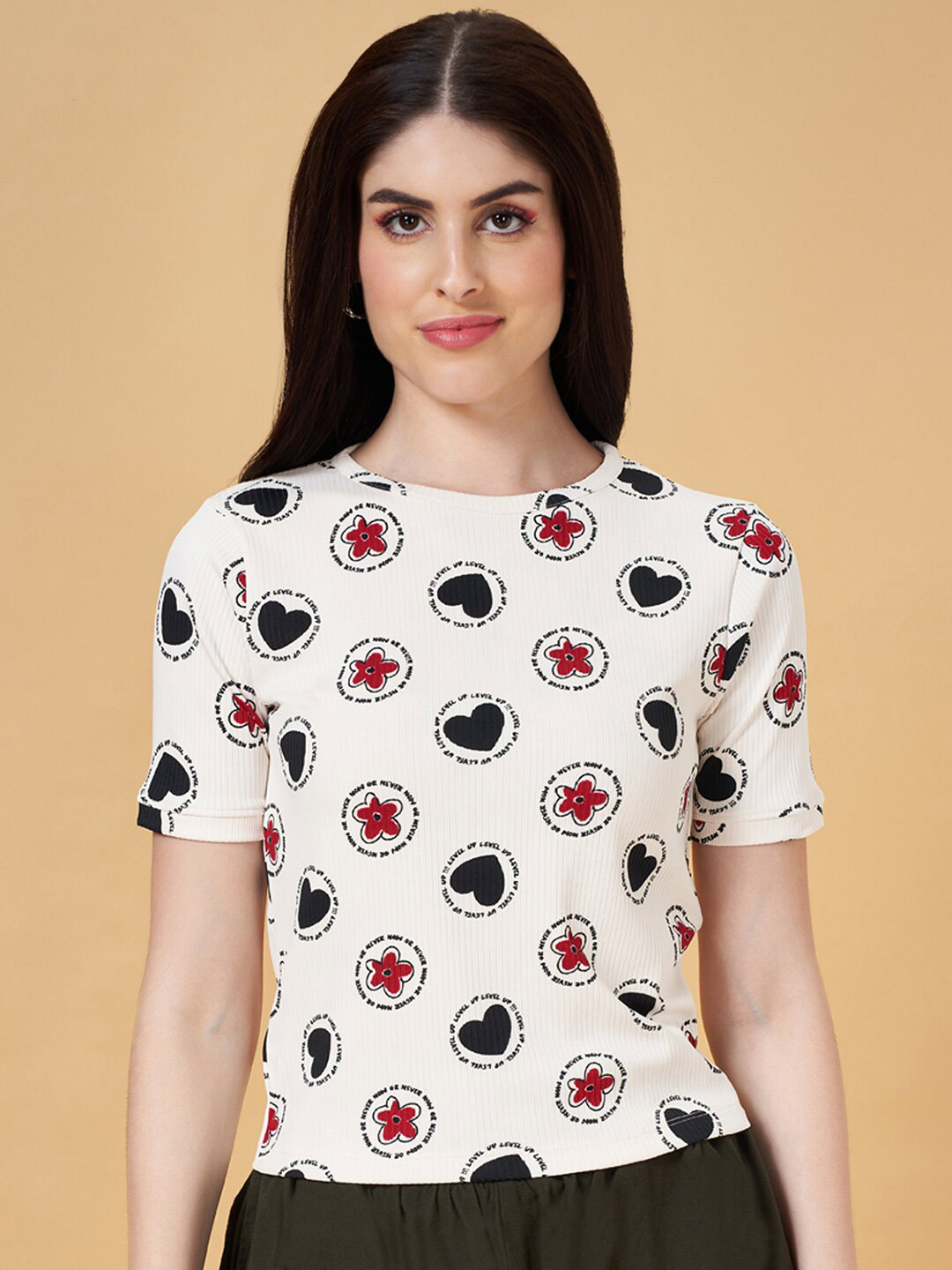 People Ribbed Conversational Printed Fitted Top