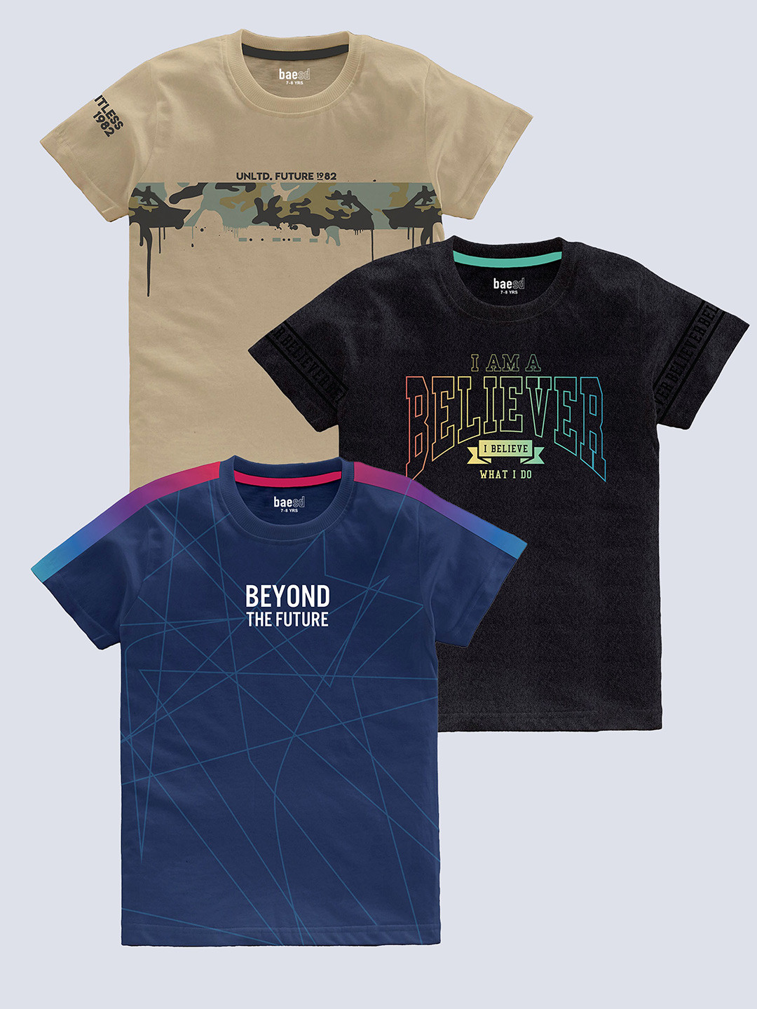 BAESD Boys Pack Of 3 Typography Printed Cotton T-shirt