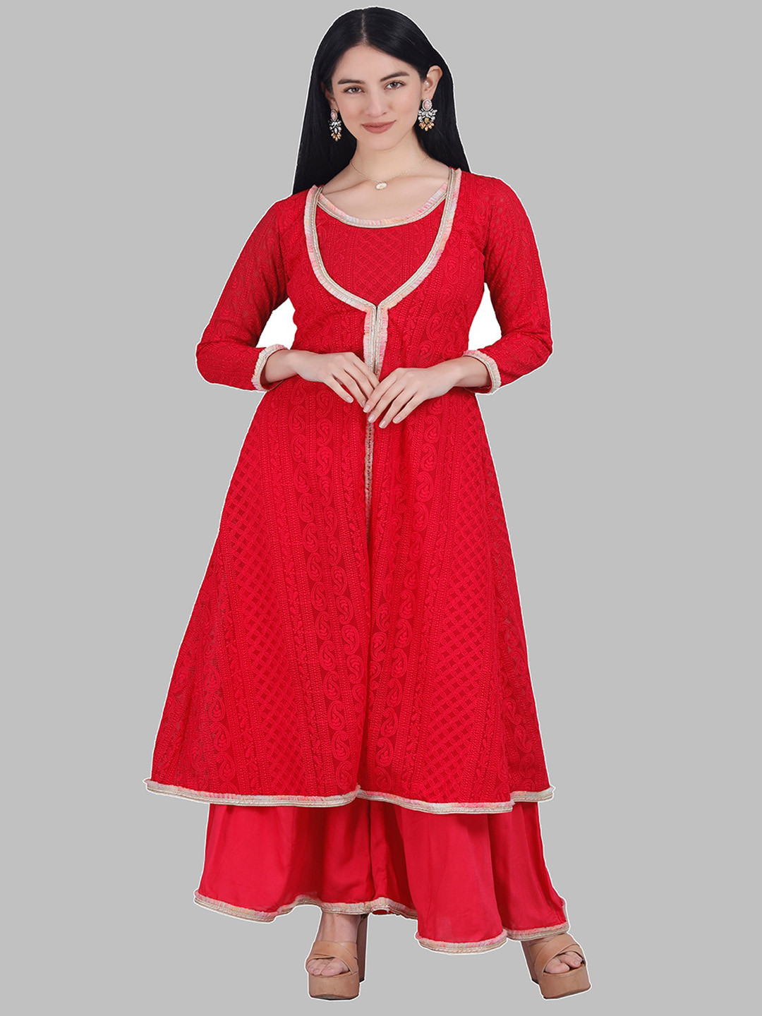 MILU MADAN Paisley Embroidered Panelled Thread Work Silk Georgette Kurta with Palazzos