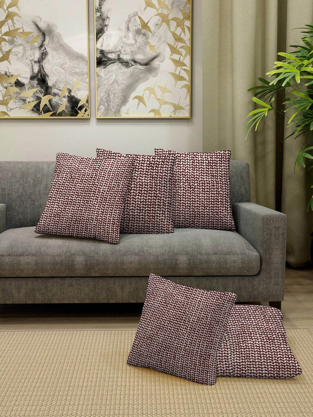KLOTTHE Maroon Self Design Cotton Breathable 5 Pcs Textured Square Cushion Covers -16x16In
