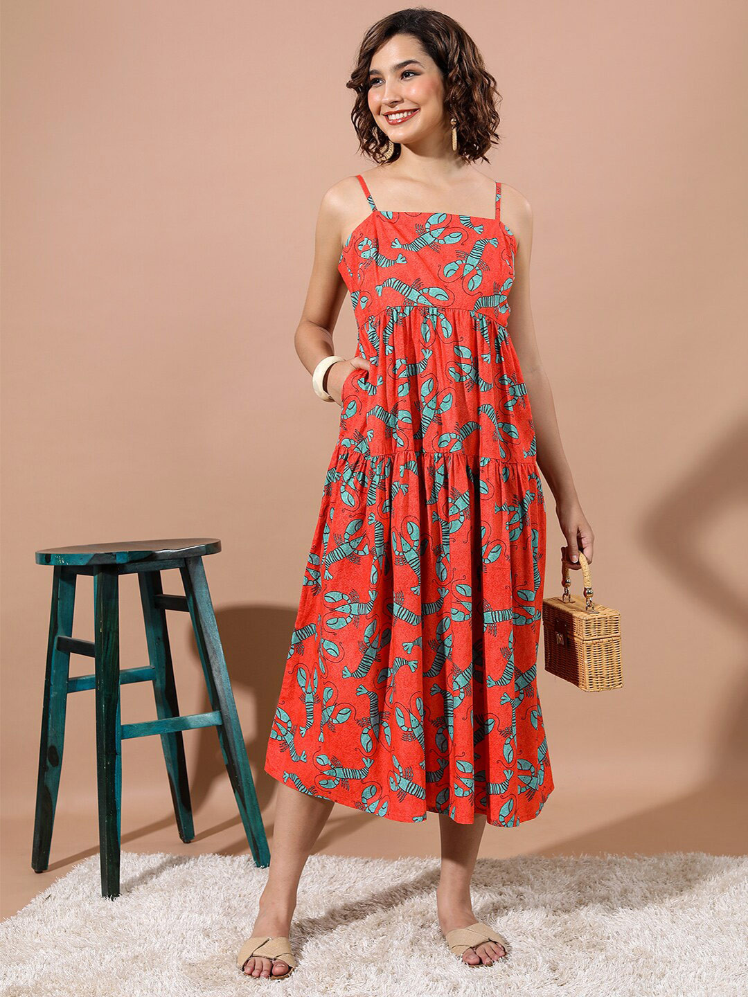 Vishudh Orange Conversational Printed Shoulder Straps Gathered Cotton A-Line Midi Dress