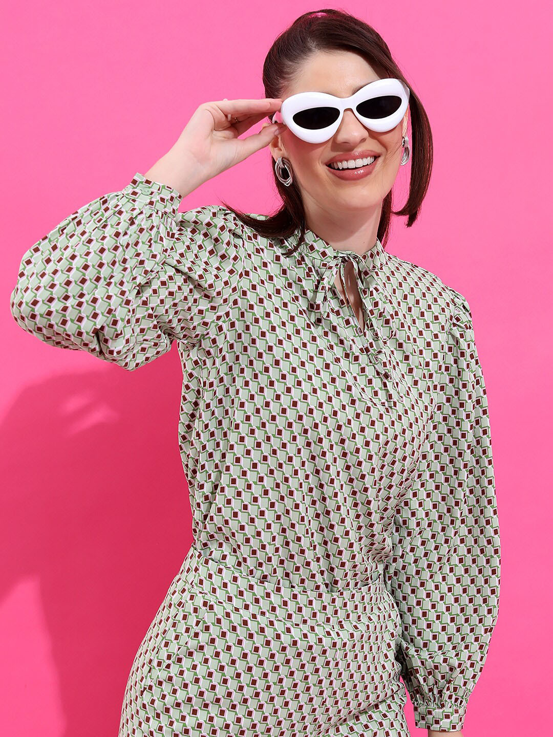 KETCH Checked Tie-Up Neck Shirt Style Top