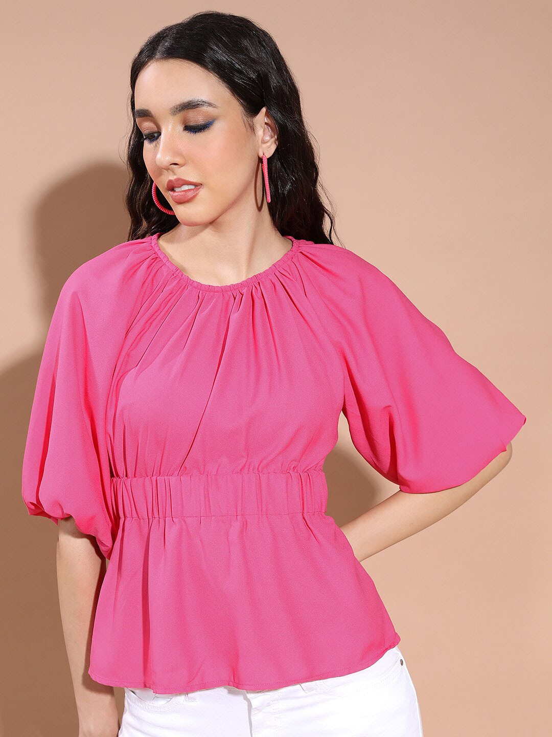 KETCH Round Neck Puff Sleeves Waist Tie Ups Cinched Waist Top
