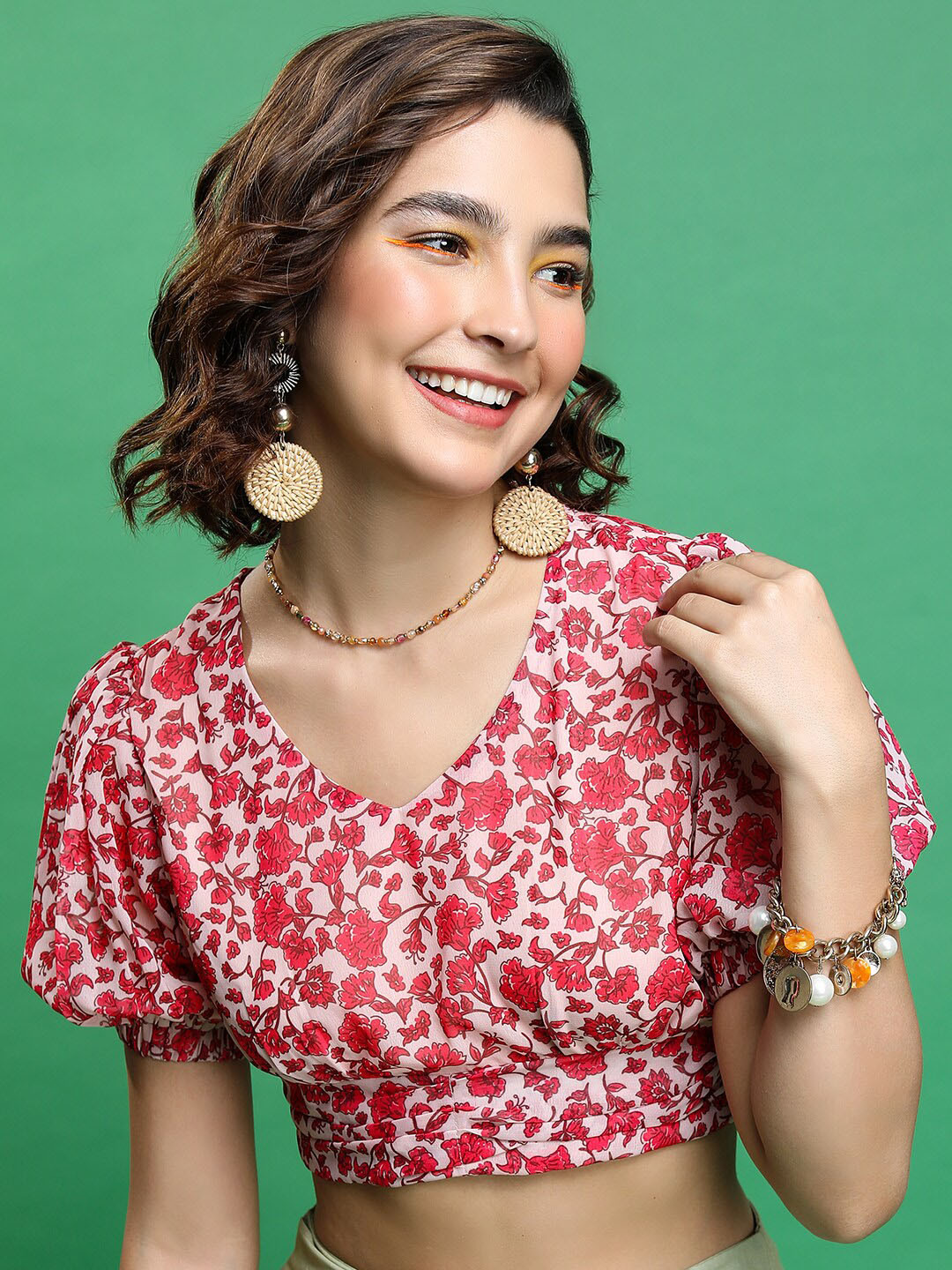KETCH Floral Printed Puff Sleeve Crop Top