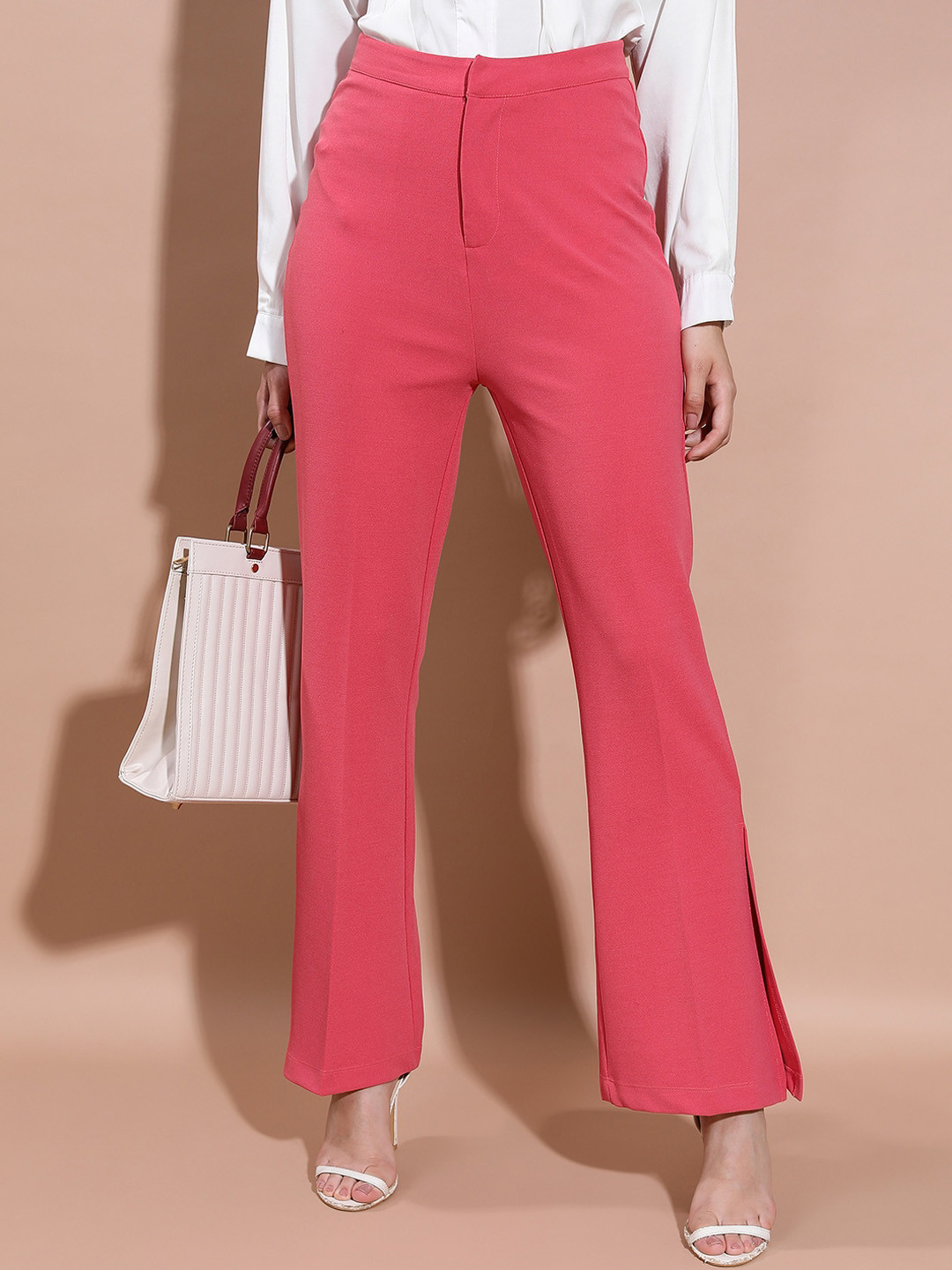 Tokyo Talkies Women Coral Mid Rise Flared Bootcut Trousers