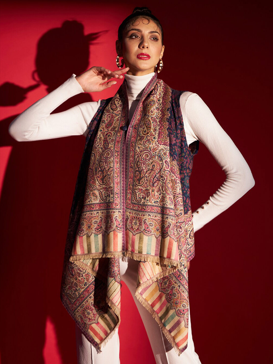 Zamour Woven Design Longline Cape Shrug