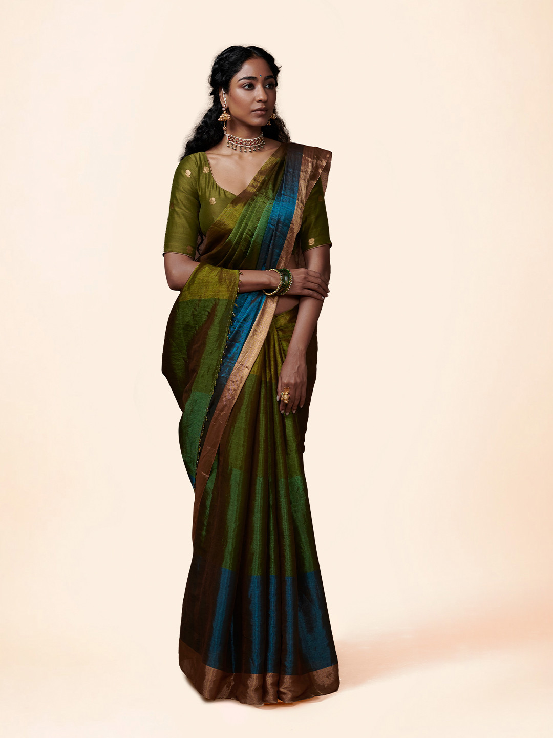 Dressfolk Colourblocked Zari Chanderi Tissue Saree